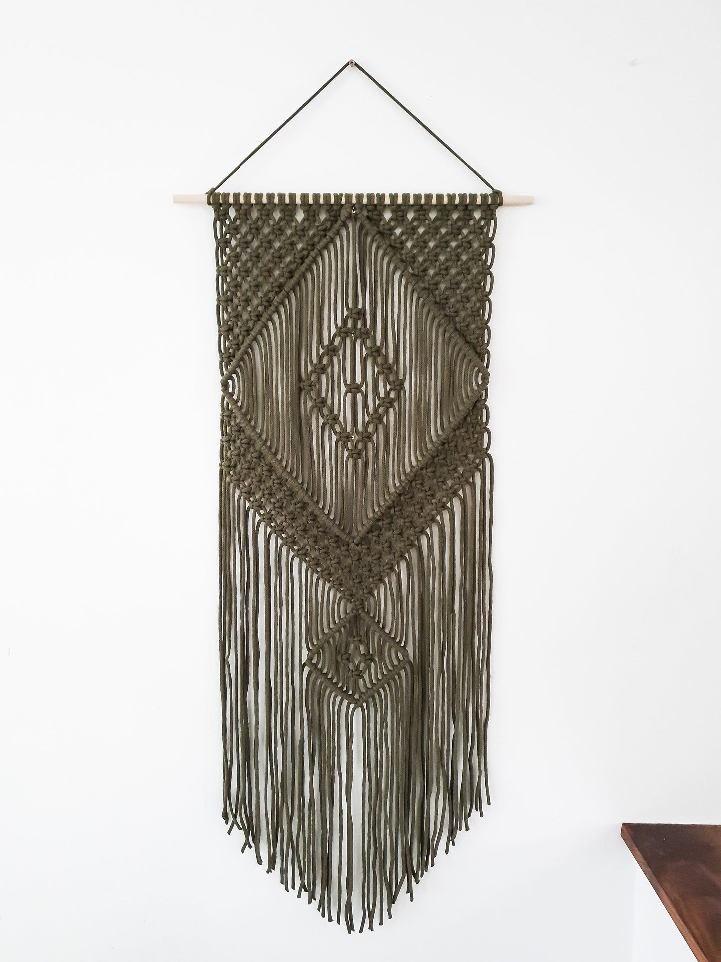Handmade Army Green Macrame Wall Hanging, Bohemian Decor, Narrow and Long, Wall Decor, Woven Wall Hanging