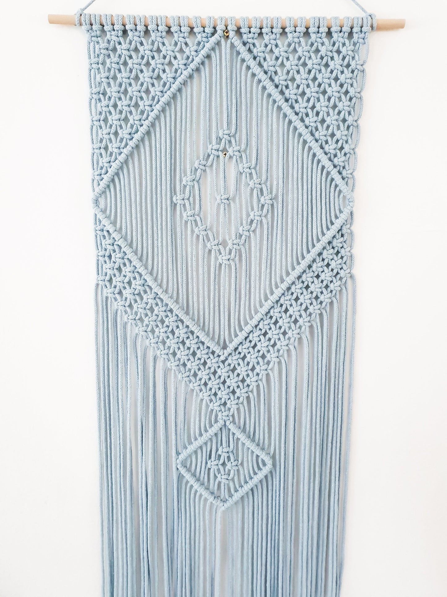 Handmade Light Blue Macrame Wall Hanging, Bohemian Decor, Narrow and Long, Wall Decor, Woven Wall Hanging