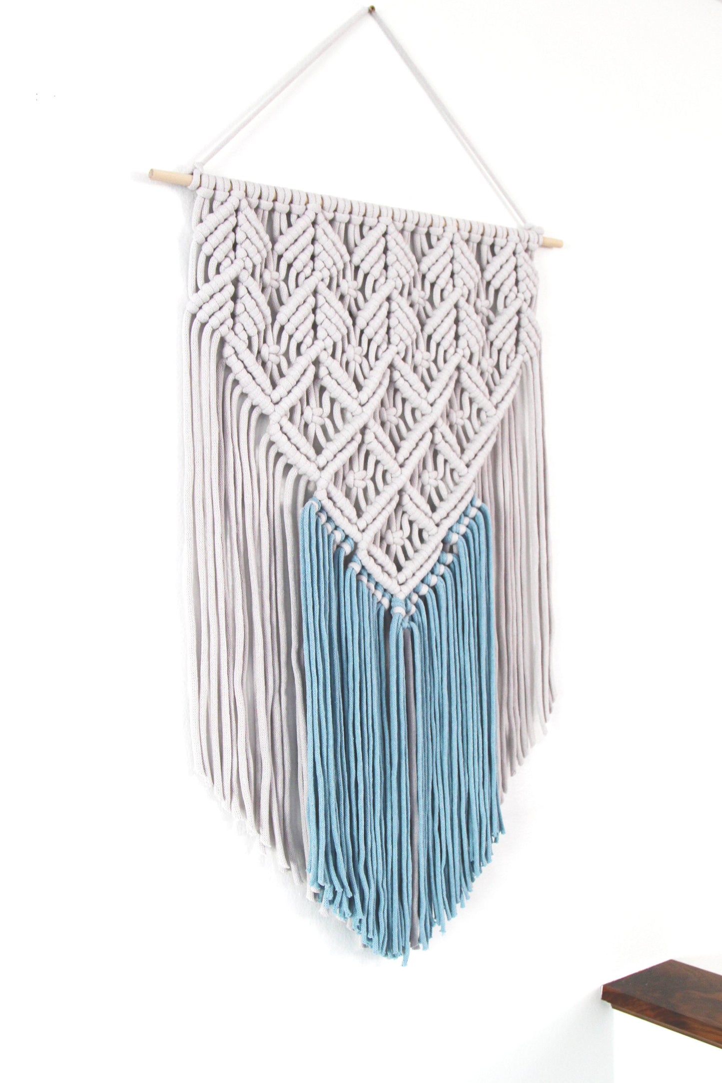 Handmade Light Gray and Blue Macrame Wall Hanging