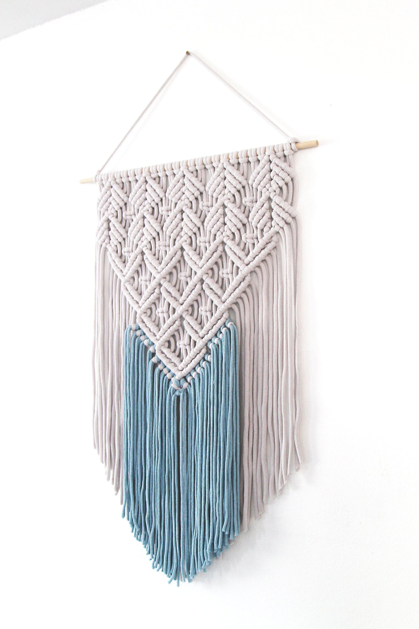 Handmade Light Gray and Blue Macrame Wall Hanging