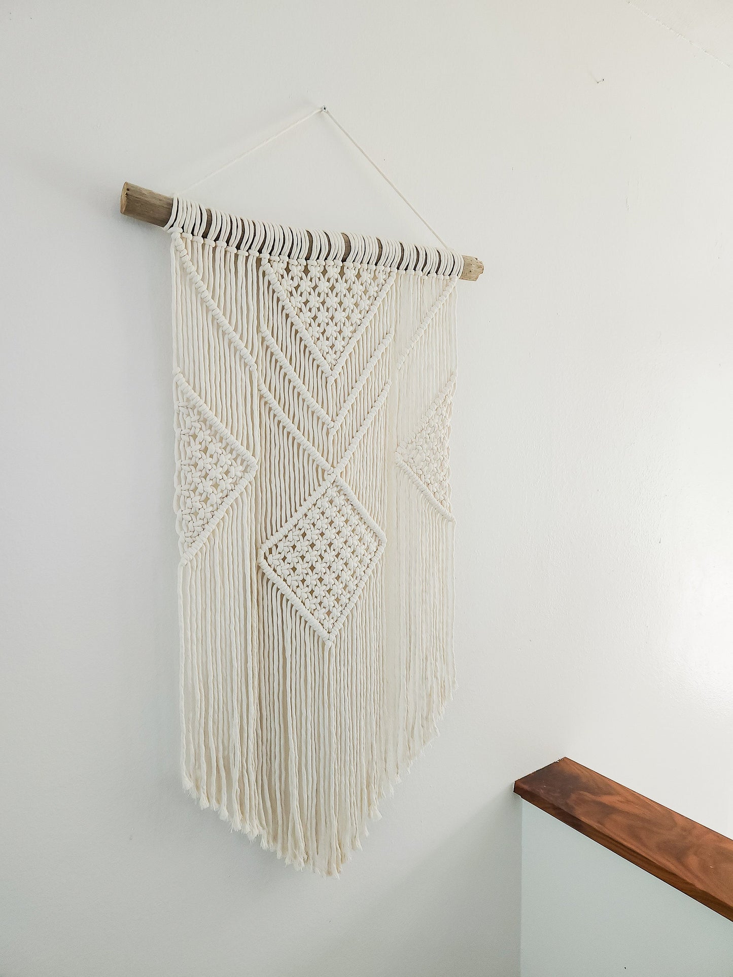 Macrame Wall Hanging in USA - 3 Foot Length, Cotton Rope, Boho Chic Farmhouse Decor for Bedroom, Driftwood, Living Room, Hand Made