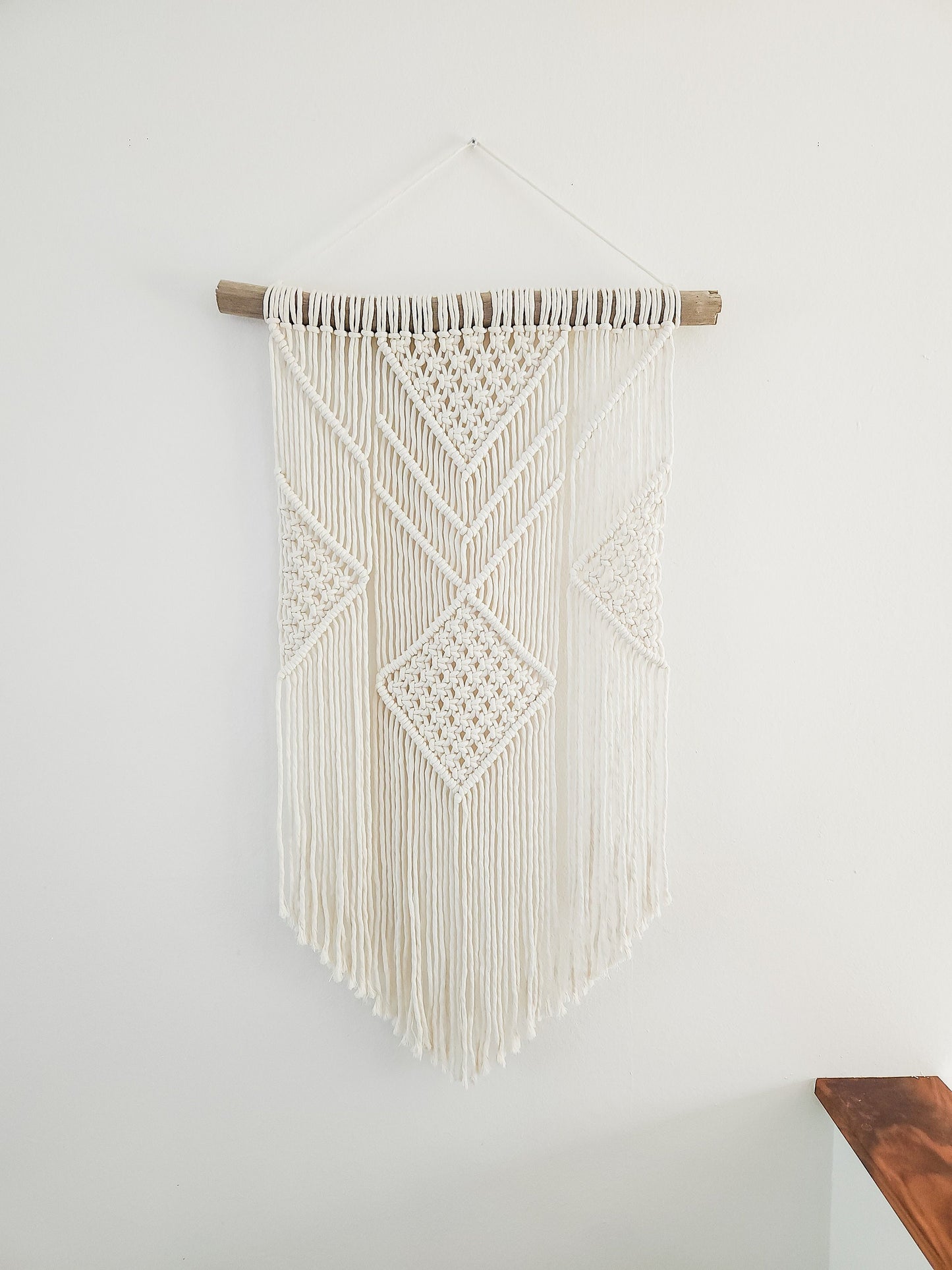 Macrame Wall Hanging in USA - 3 Foot Length, Cotton Rope, Boho Chic Farmhouse Decor for Bedroom, Driftwood, Living Room, Hand Made