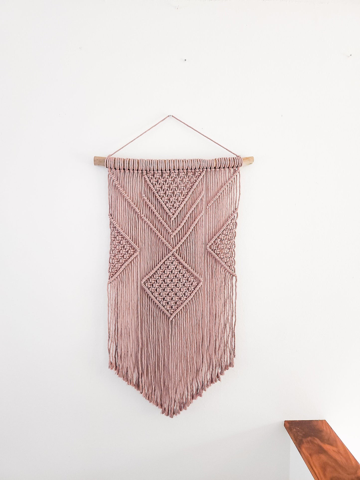 Macrame Wall Hanging - 3 Foot Length, Mauve Cotton Rope, Boho Chic Farmhouse Decor for Bedroom, Driftwood, Living Room, Hand Mad