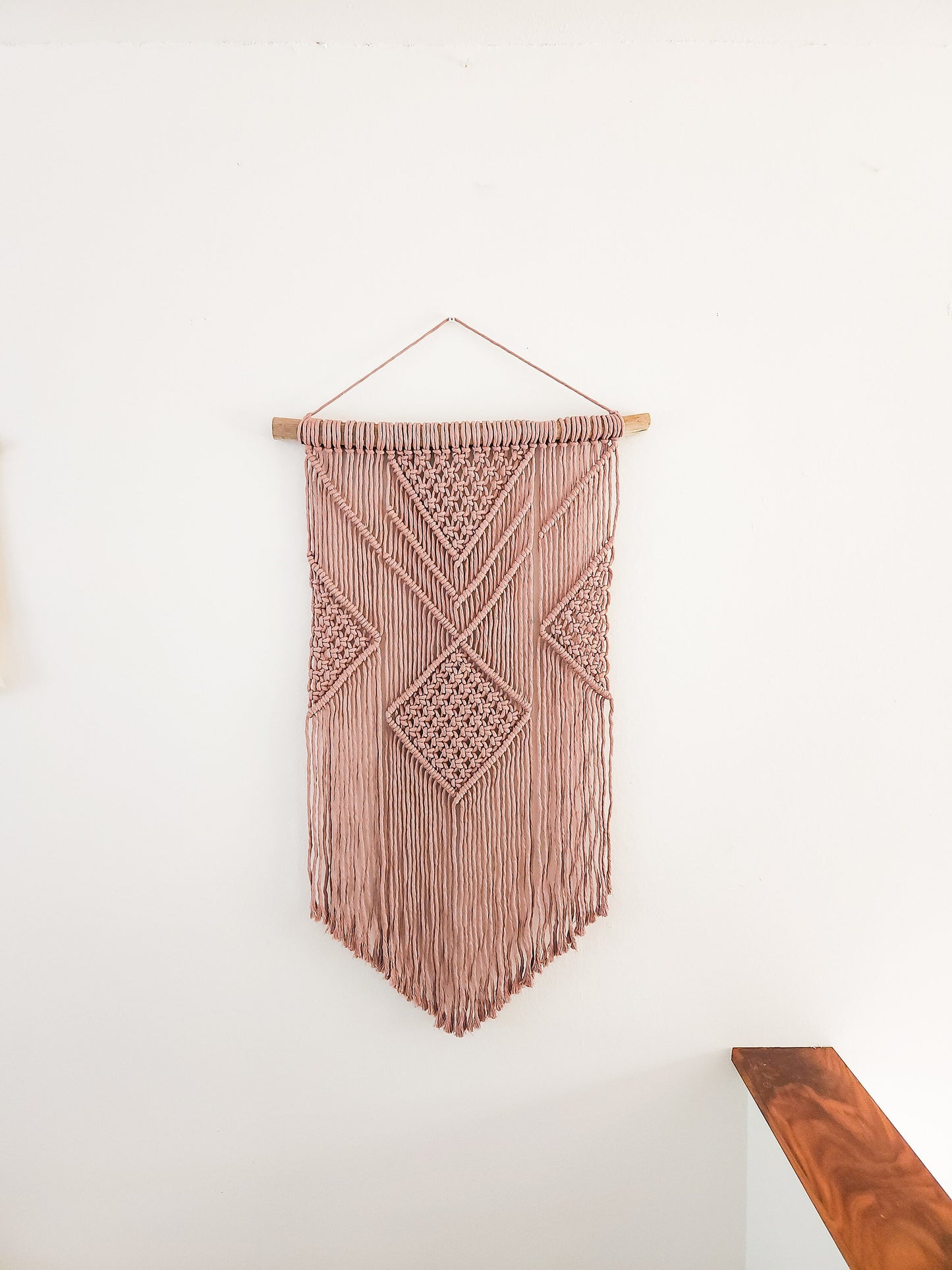 Macrame Wall Hanging - 3 Foot Length, Mauve Cotton Rope, Boho Chic Farmhouse Decor for Bedroom, Driftwood, Living Room, Hand Mad