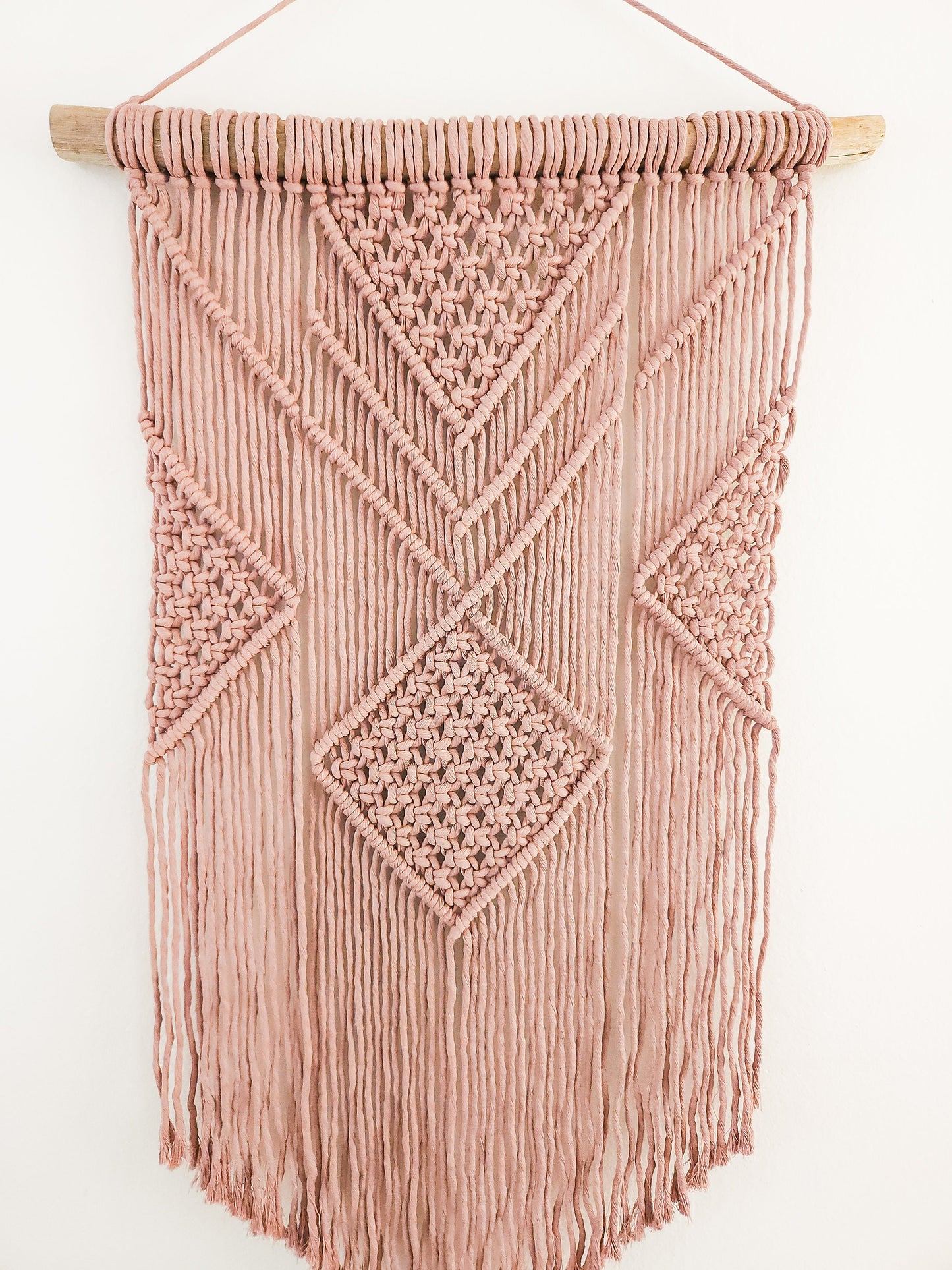 Macrame Wall Hanging - 3 Foot Length, Mauve Cotton Rope, Boho Chic Farmhouse Decor for Bedroom, Driftwood, Living Room, Hand Mad