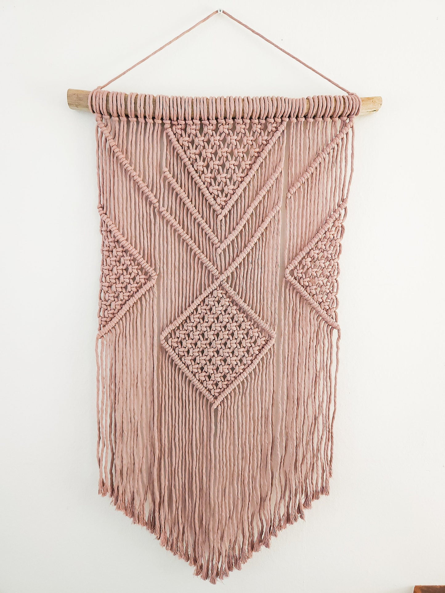 Macrame Wall Hanging - 3 Foot Length, Mauve Cotton Rope, Boho Chic Farmhouse Decor for Bedroom, Driftwood, Living Room, Hand Mad