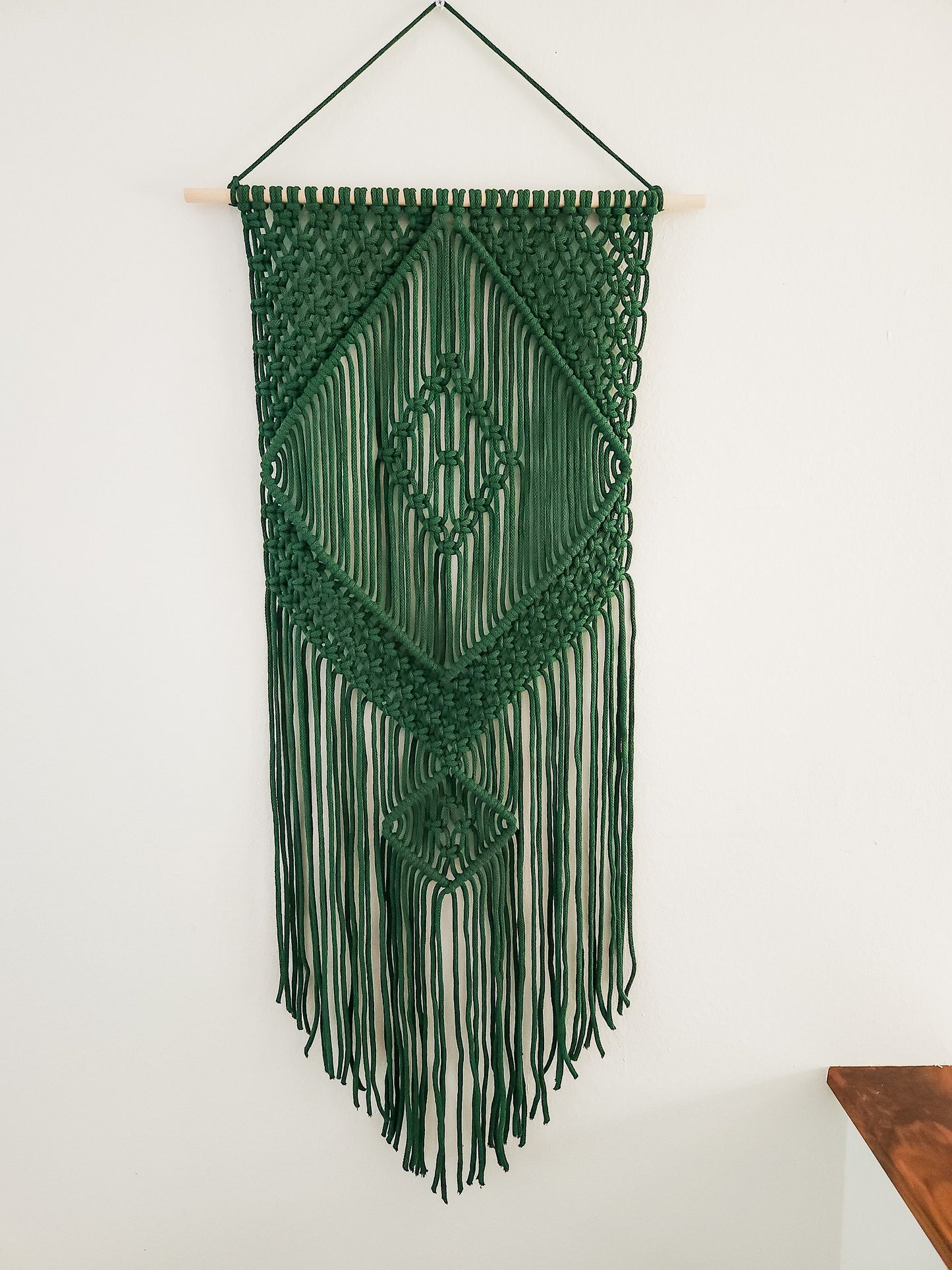 Handmade Forest Green Macrame Wall Hanging, Bohemian Decor, Narrow and Long, Wall Decor, Woven Wall Hanging