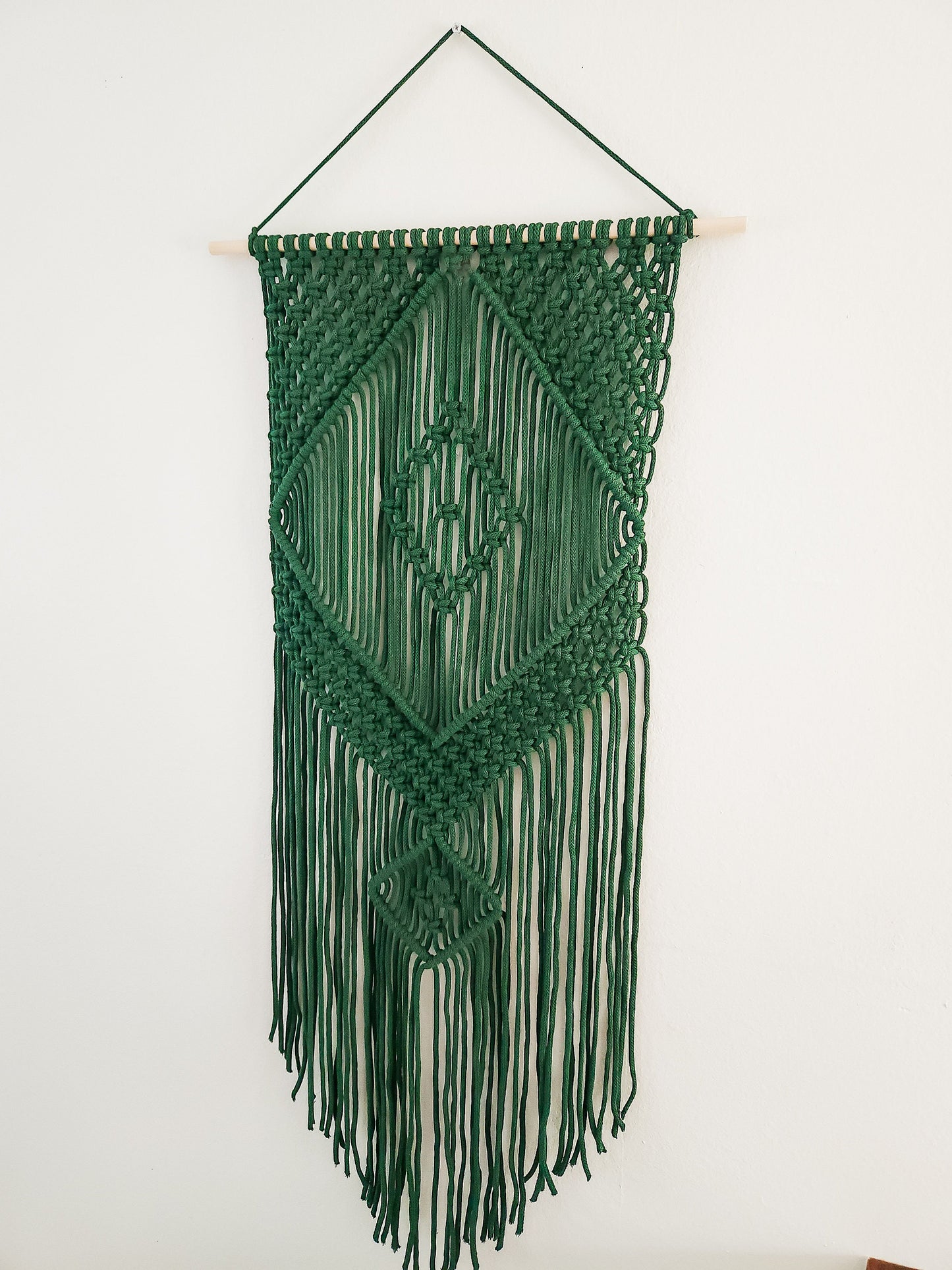 Handmade Forest Green Macrame Wall Hanging, Bohemian Decor, Narrow and Long, Wall Decor, Woven Wall Hanging