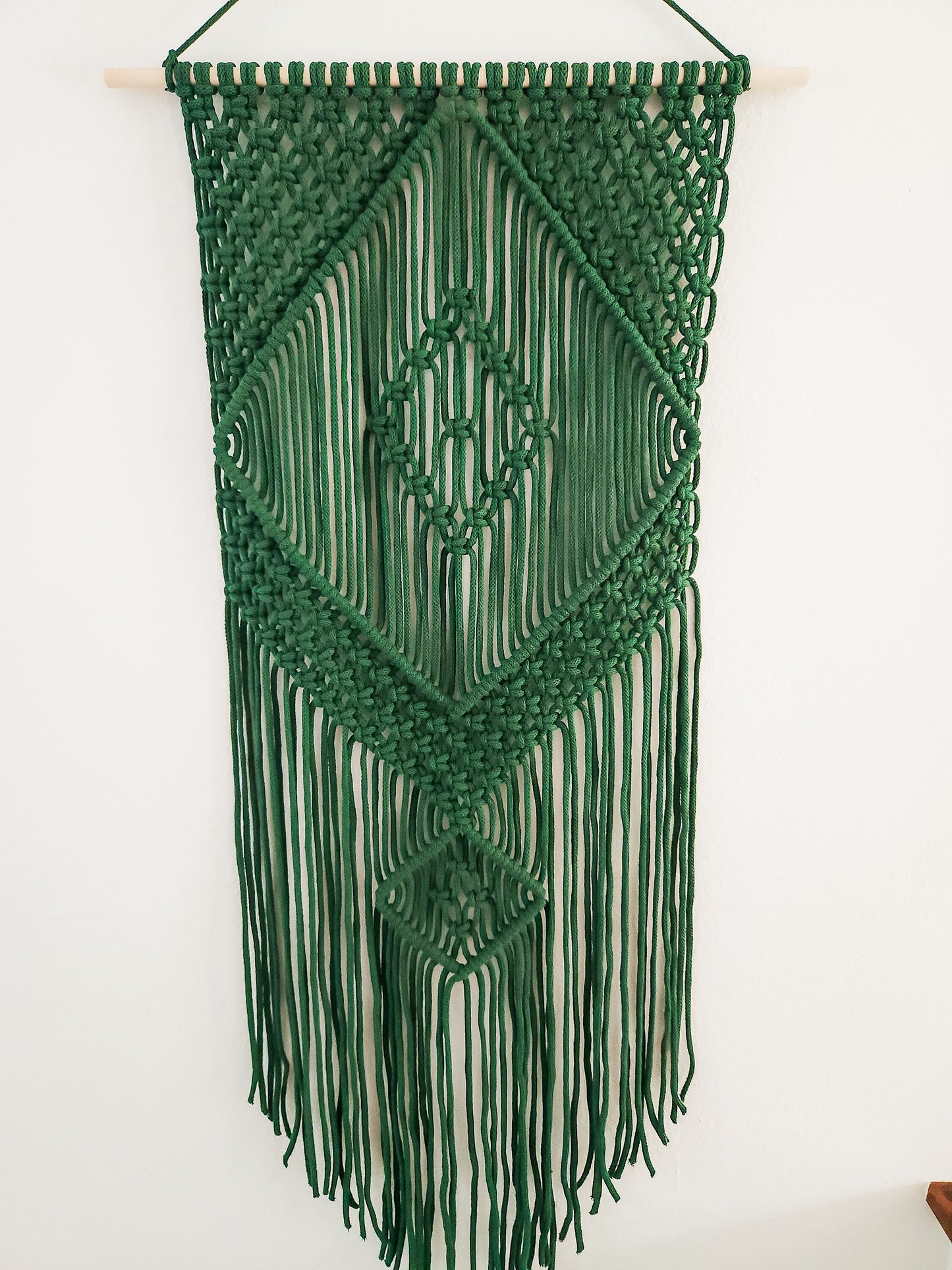 Handmade Forest Green Macrame Wall Hanging, Bohemian Decor, Narrow and Long, Wall Decor, Woven Wall Hanging