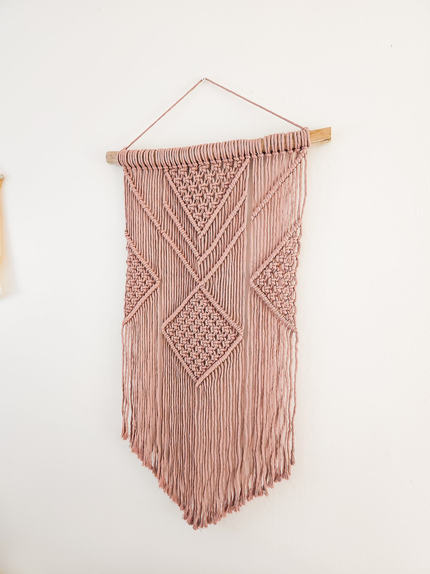 Macrame Wall Hanging - 3 Foot Length, Mauve Cotton Rope, Boho Chic Farmhouse Decor for Bedroom, Driftwood, Living Room, Hand Mad