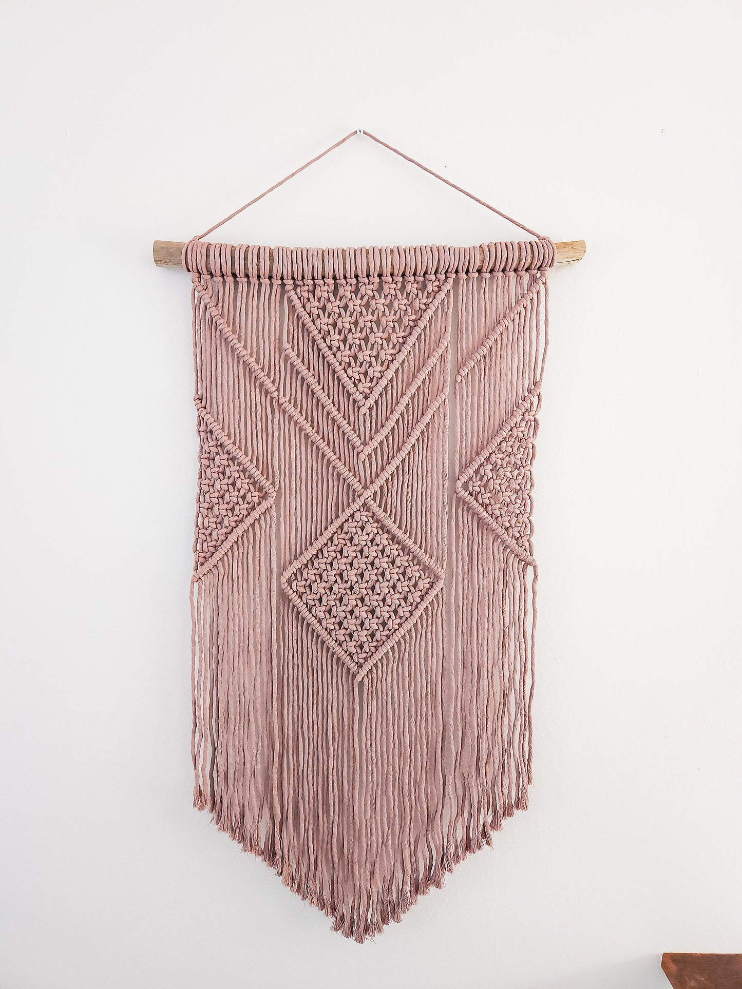 Macrame Wall Hanging - 3 Foot Length, Mauve Cotton Rope, Boho Chic Farmhouse Decor for Bedroom, Driftwood, Living Room, Hand Mad