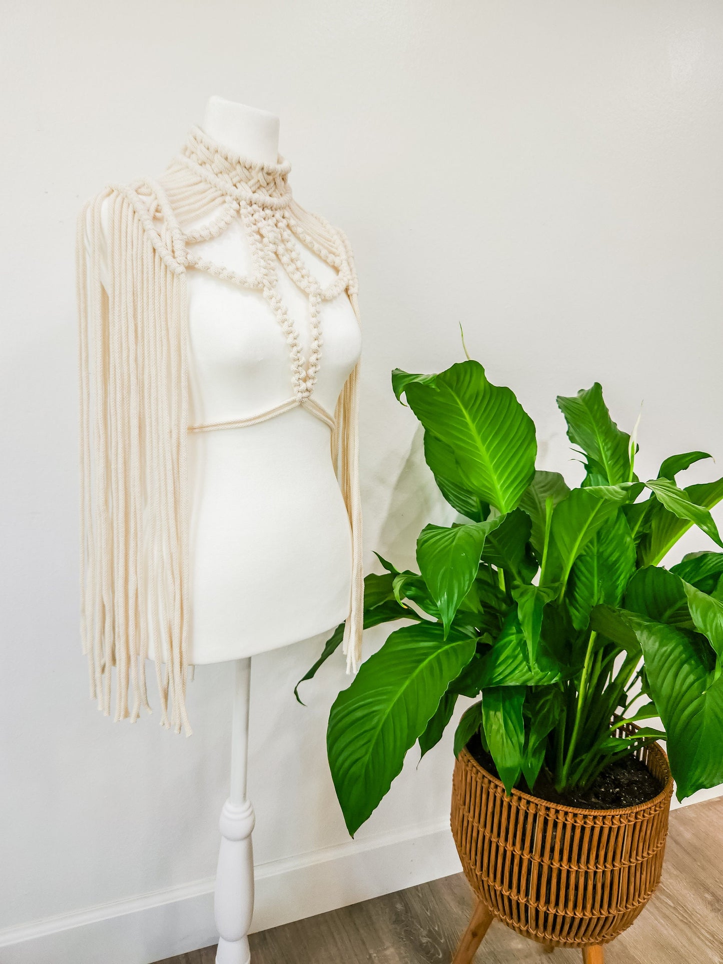 Handmade Beige Macrame Epaulette, Shoulder Boho Top for Festival or Photoshoot, Rave