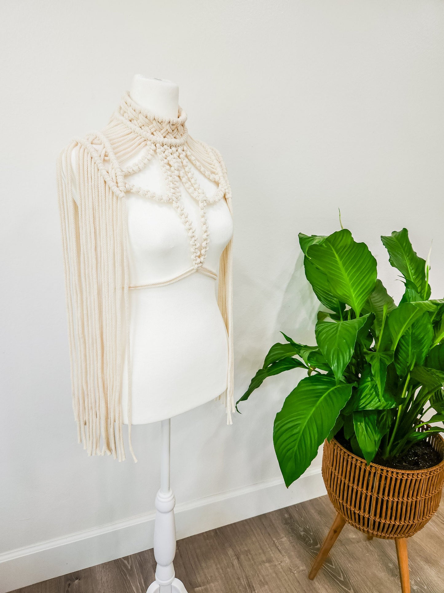 Handmade Beige Macrame Epaulette, Shoulder Boho Top for Festival or Photoshoot, Rave