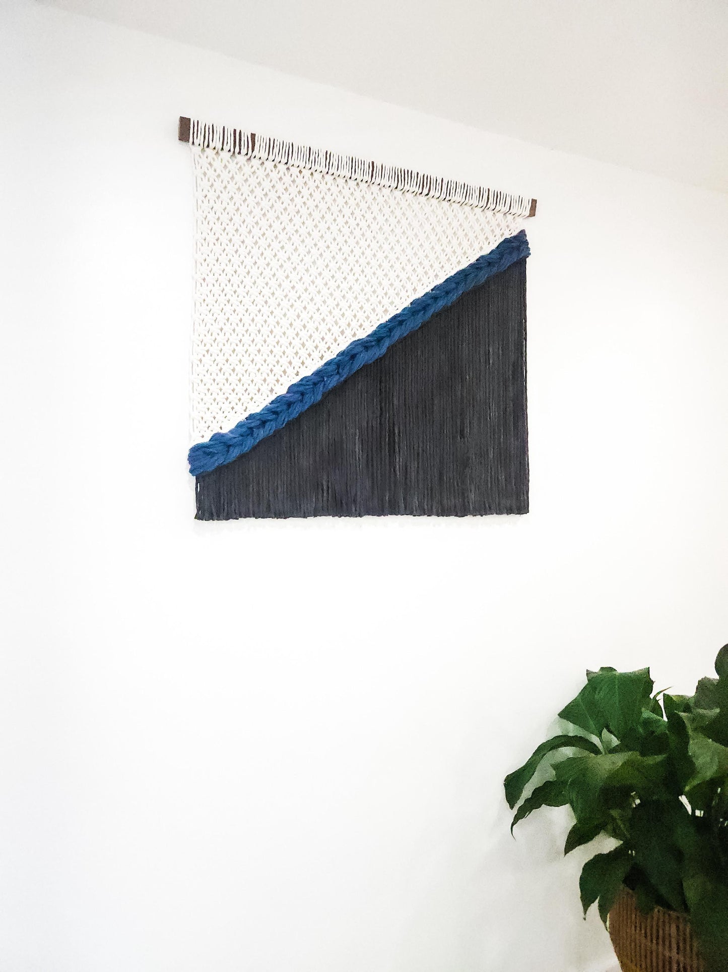 Handmade Natural White and Black Dyed Macrame Wall Hanging, Woven Wall Art