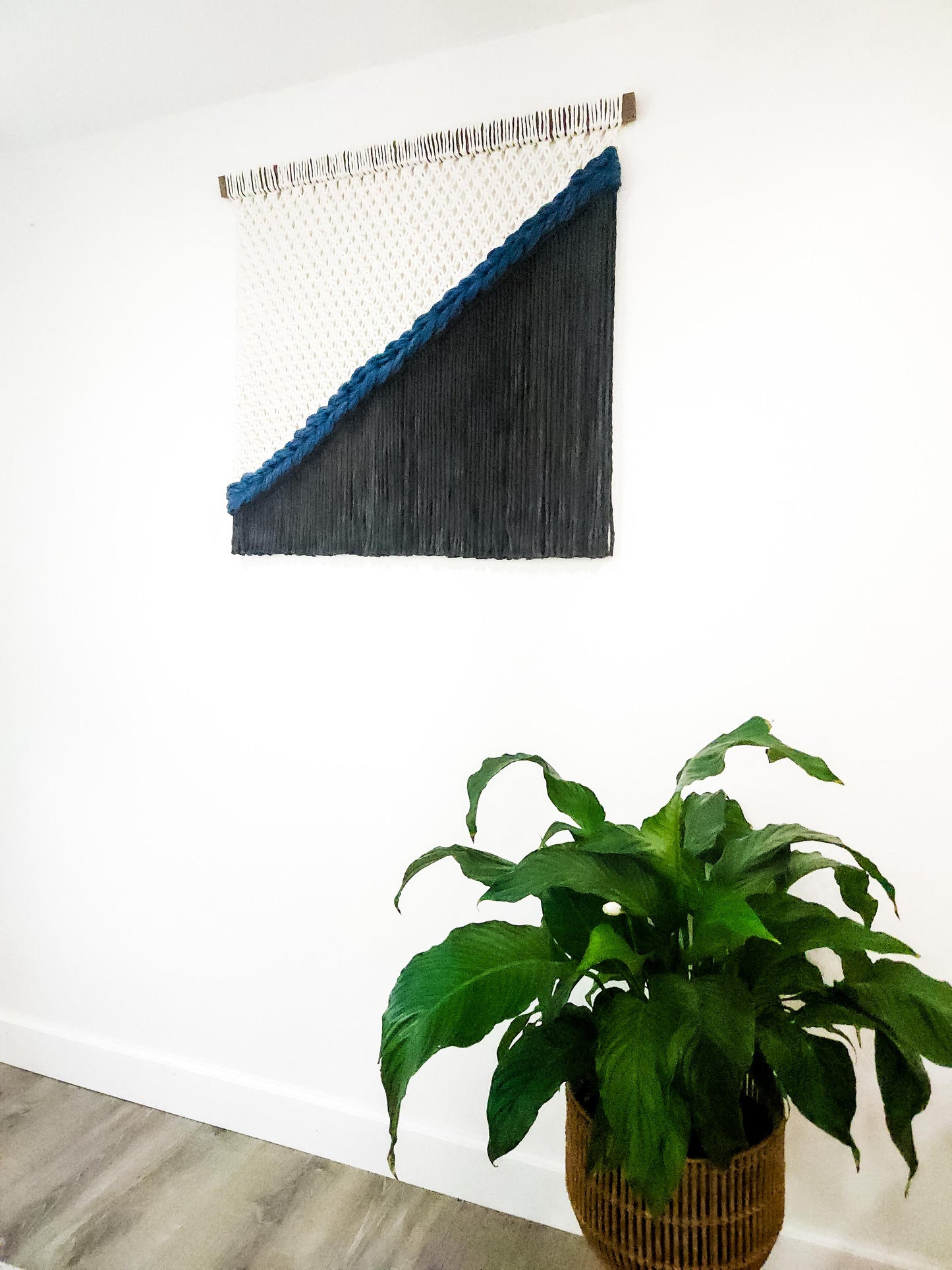 Handmade Natural White and Black Dyed Macrame Wall Hanging, Woven Wall Art