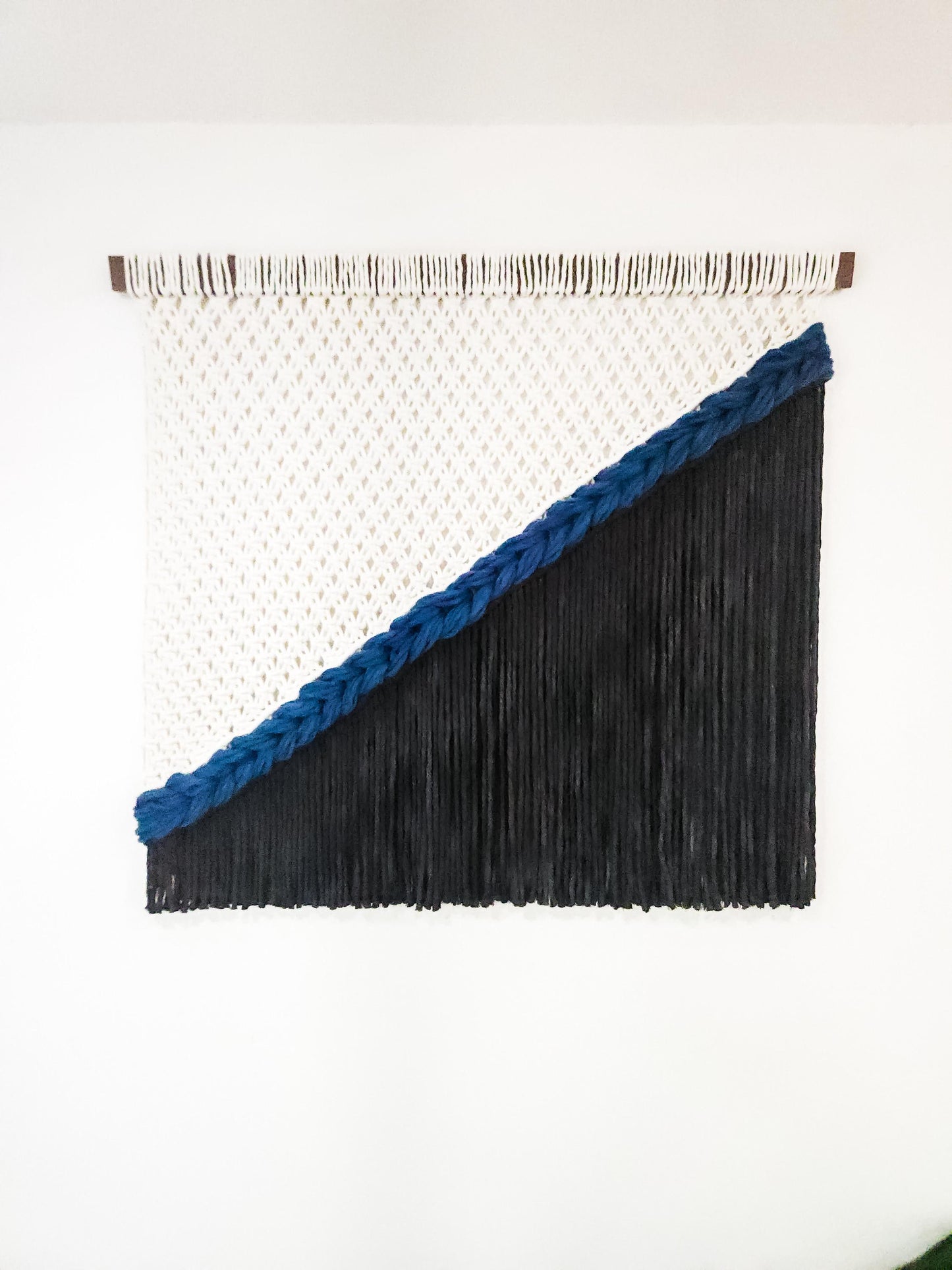 Handmade Natural White and Black Dyed Macrame Wall Hanging, Woven Wall Art