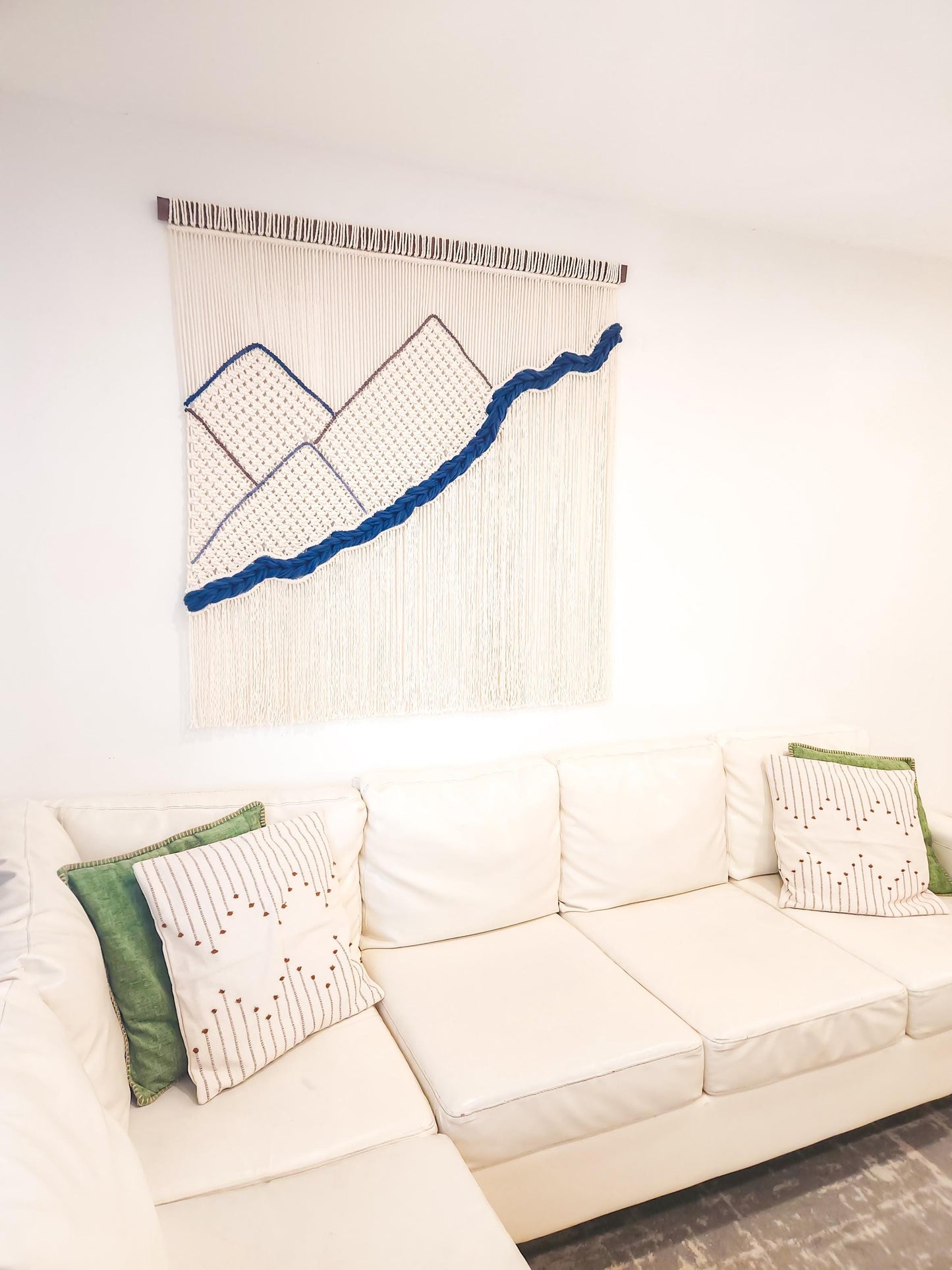 Handmade Natural White Dyed and Woven Macrame Wall Hanging, 4 Feet Wide, Mountains and River