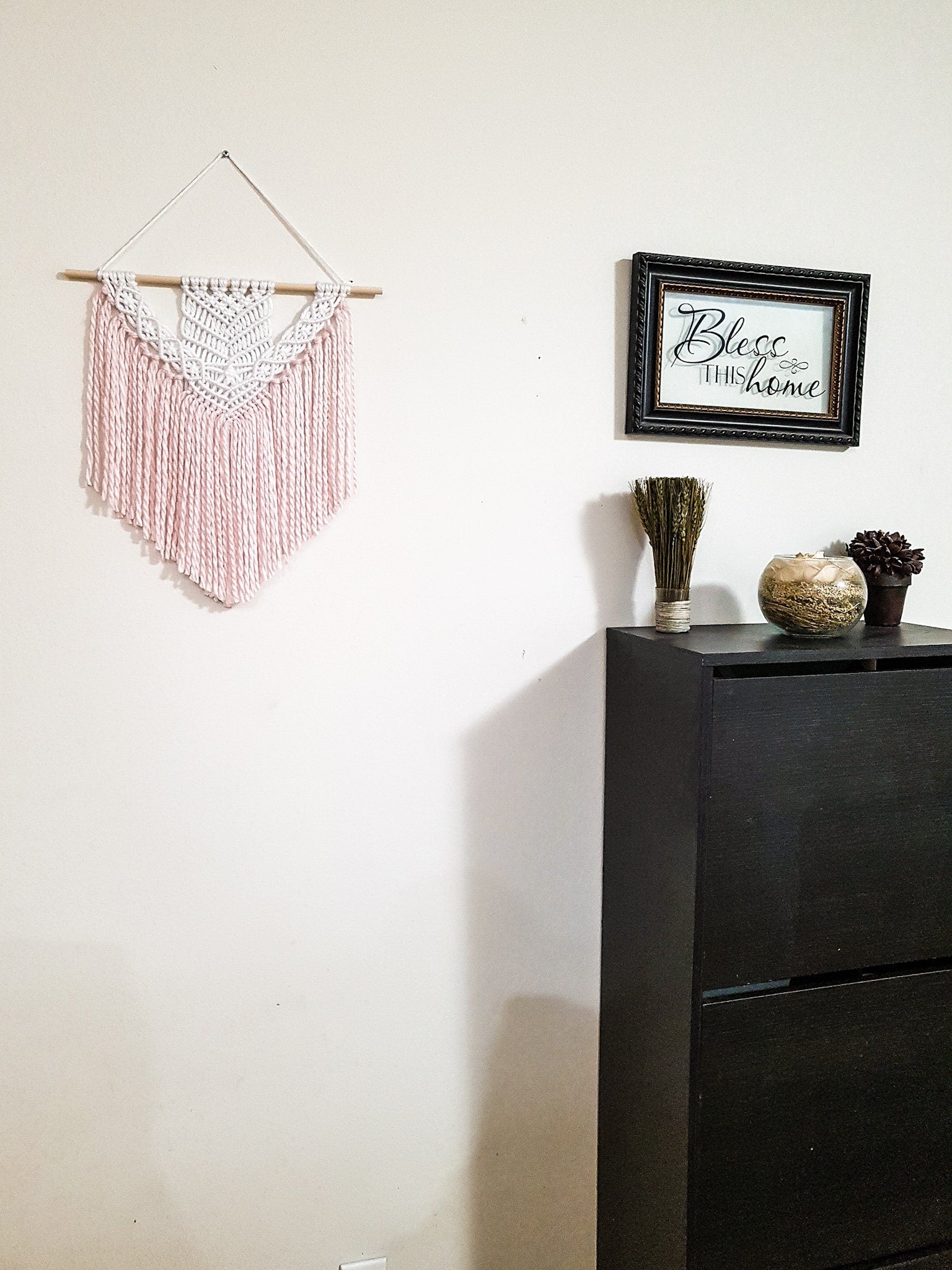 Handmade Pink and White Macrame Wall Hanging, Two Options: Cotton Rope and Yarn
