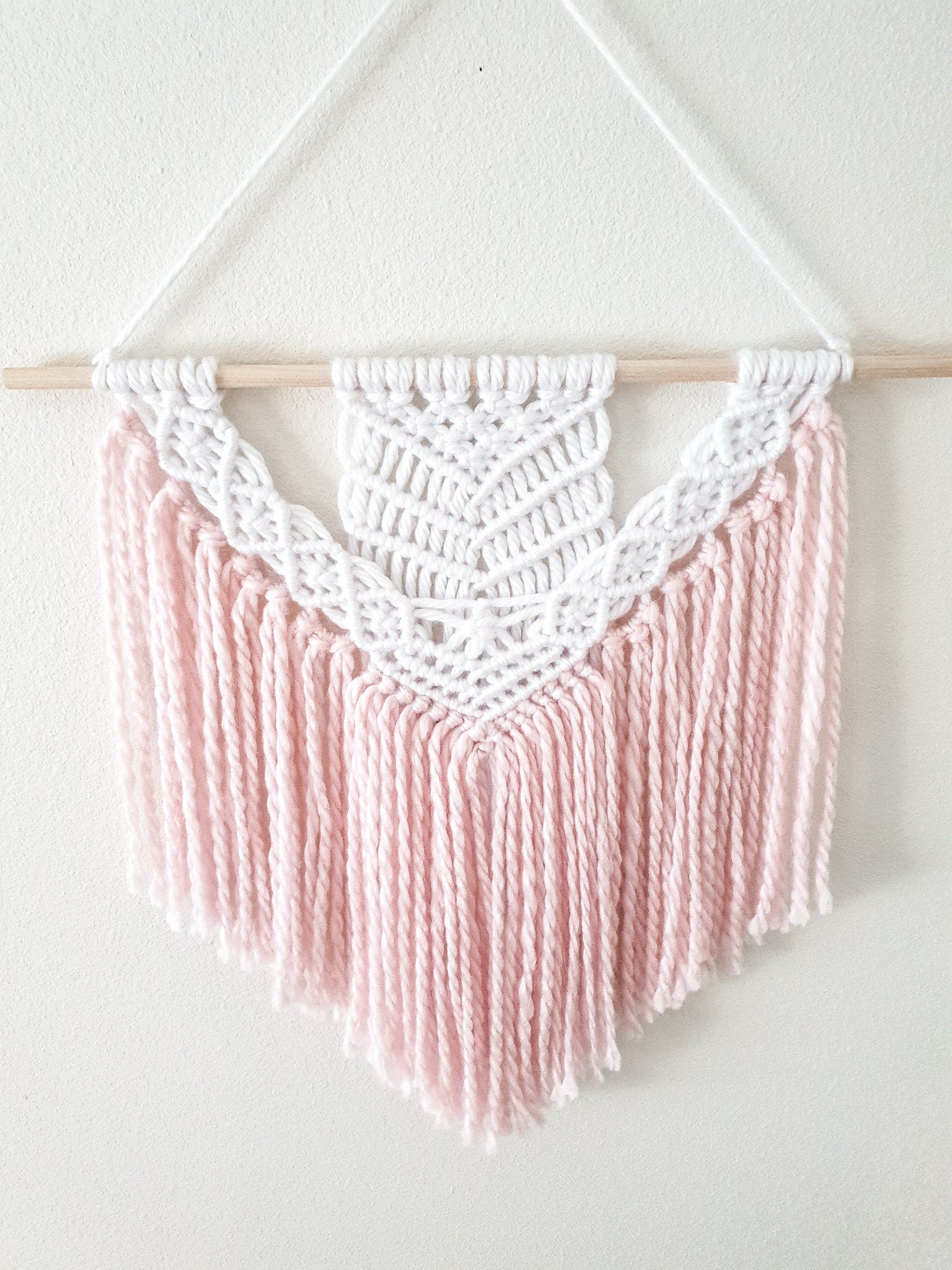 Handmade Pink and White Macrame Wall Hanging, Two Options: Cotton Rope and Yarn