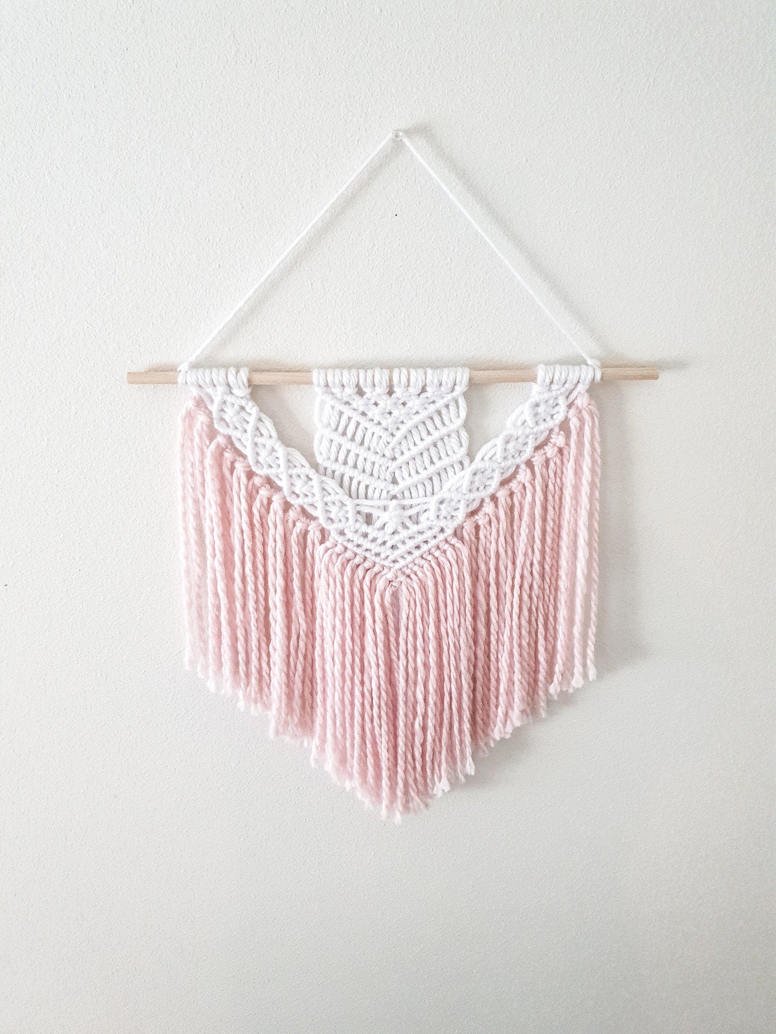 Handmade Pink and White Macrame Wall Hanging, Two Options: Cotton Rope and Yarn