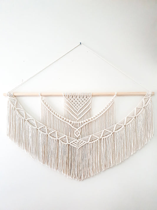 Beige (off white) extra large macrame wall hanging on a thick wooden dowel. This is a 4 foot wide size, other sizes available in dropdown menu.