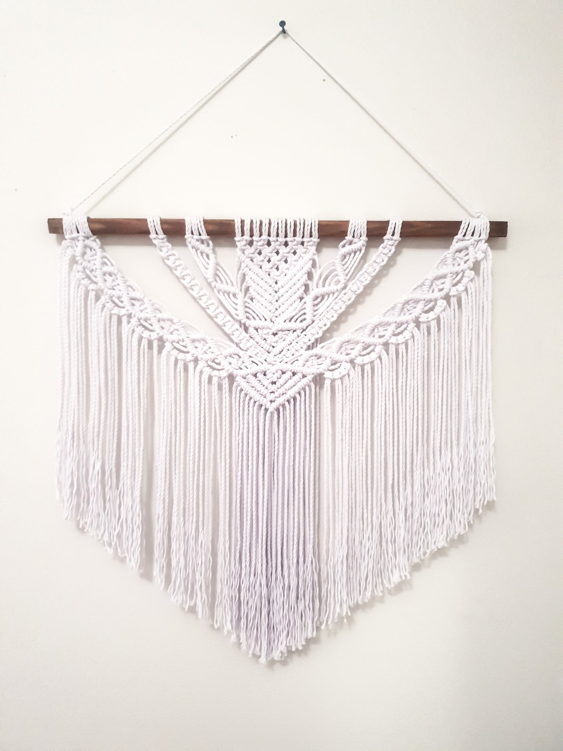 Large Pure White Macrame Wall Hanging on a Dark Stained Wood Stick