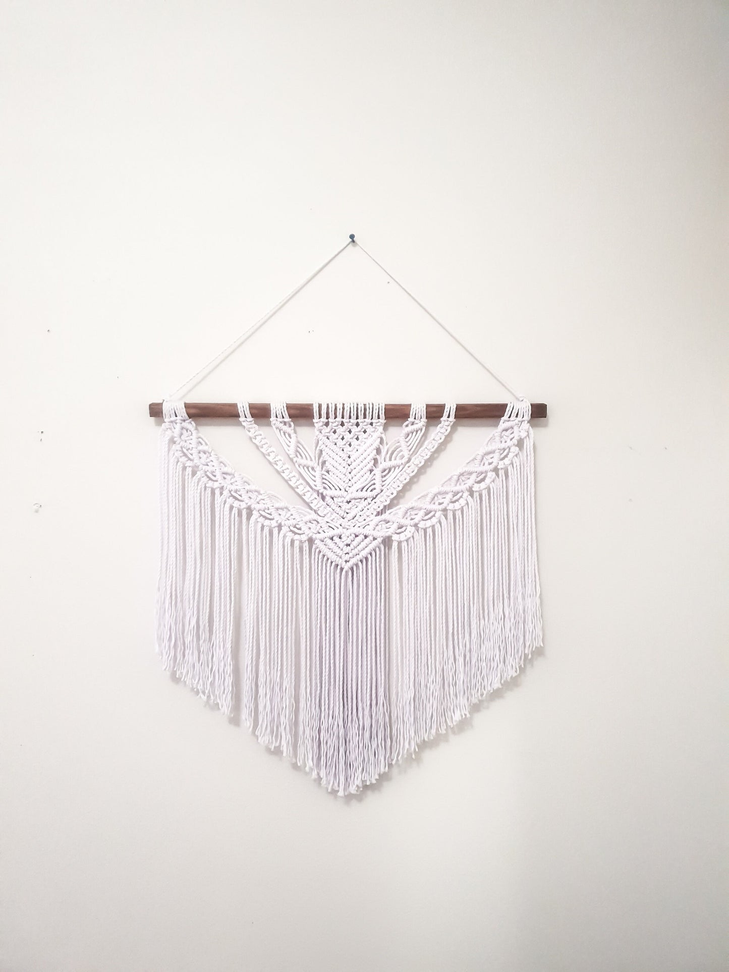 Large Pure White Macrame Wall Hanging on a Dark Stained Wood Stick