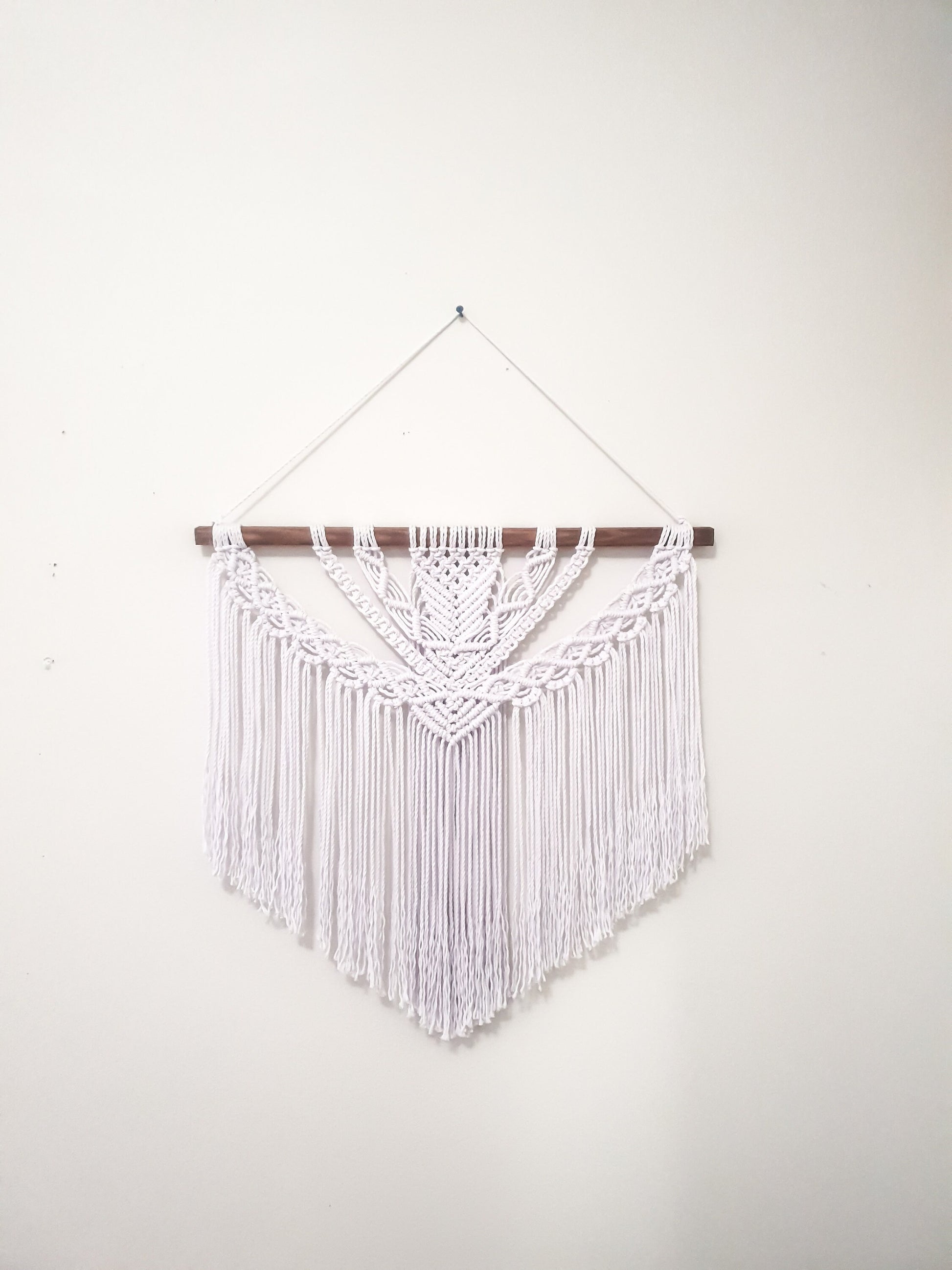 Large Pure White Macrame Wall Hanging on a Dark Stained Wood Stick