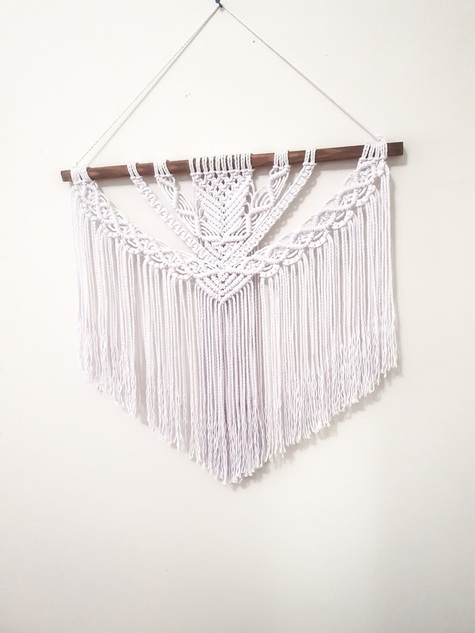 Large Pure White Macrame Wall Hanging on a Dark Stained Wood Stick