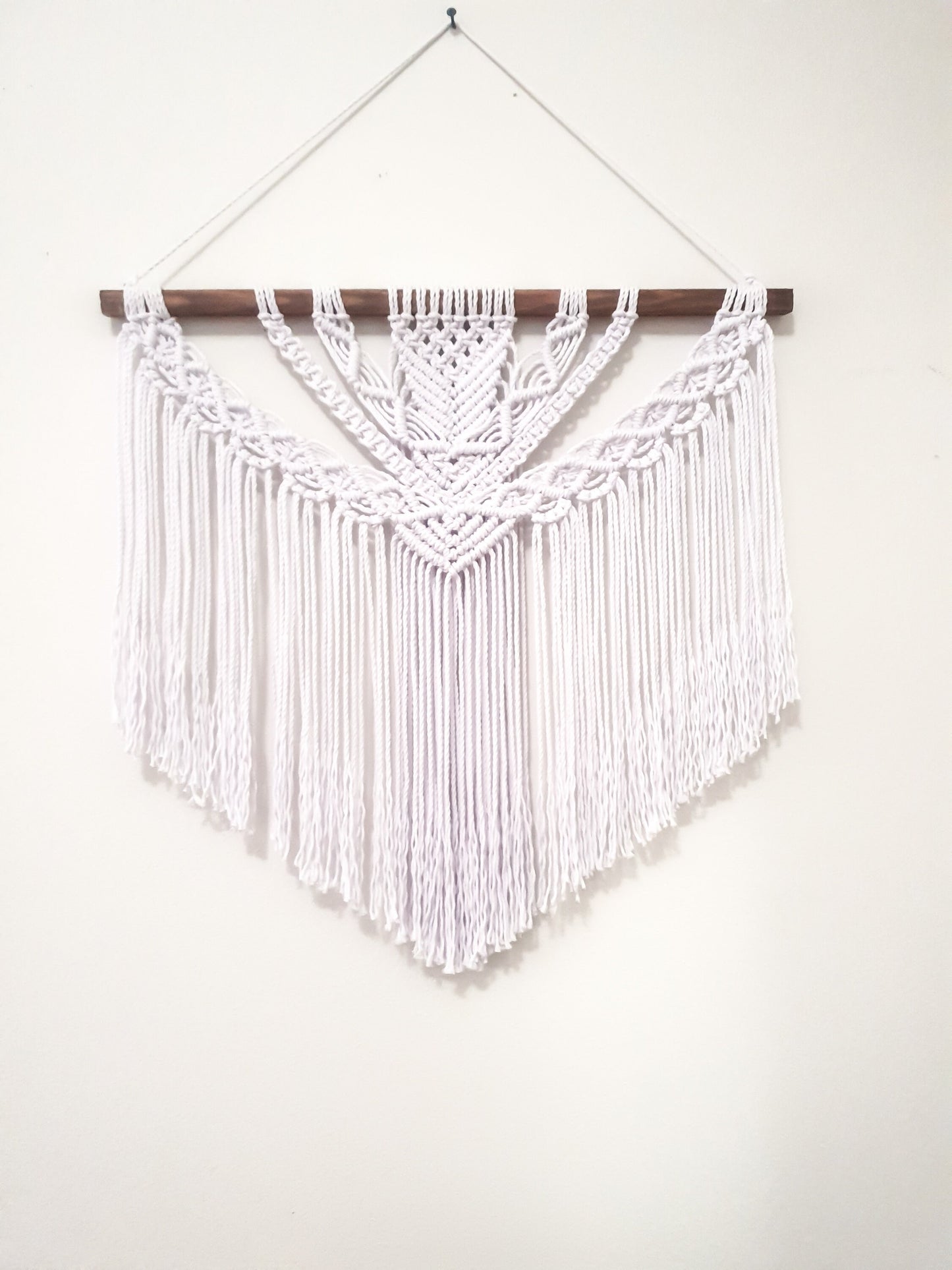 Large Pure White Macrame Wall Hanging on a Dark Stained Wood Stick