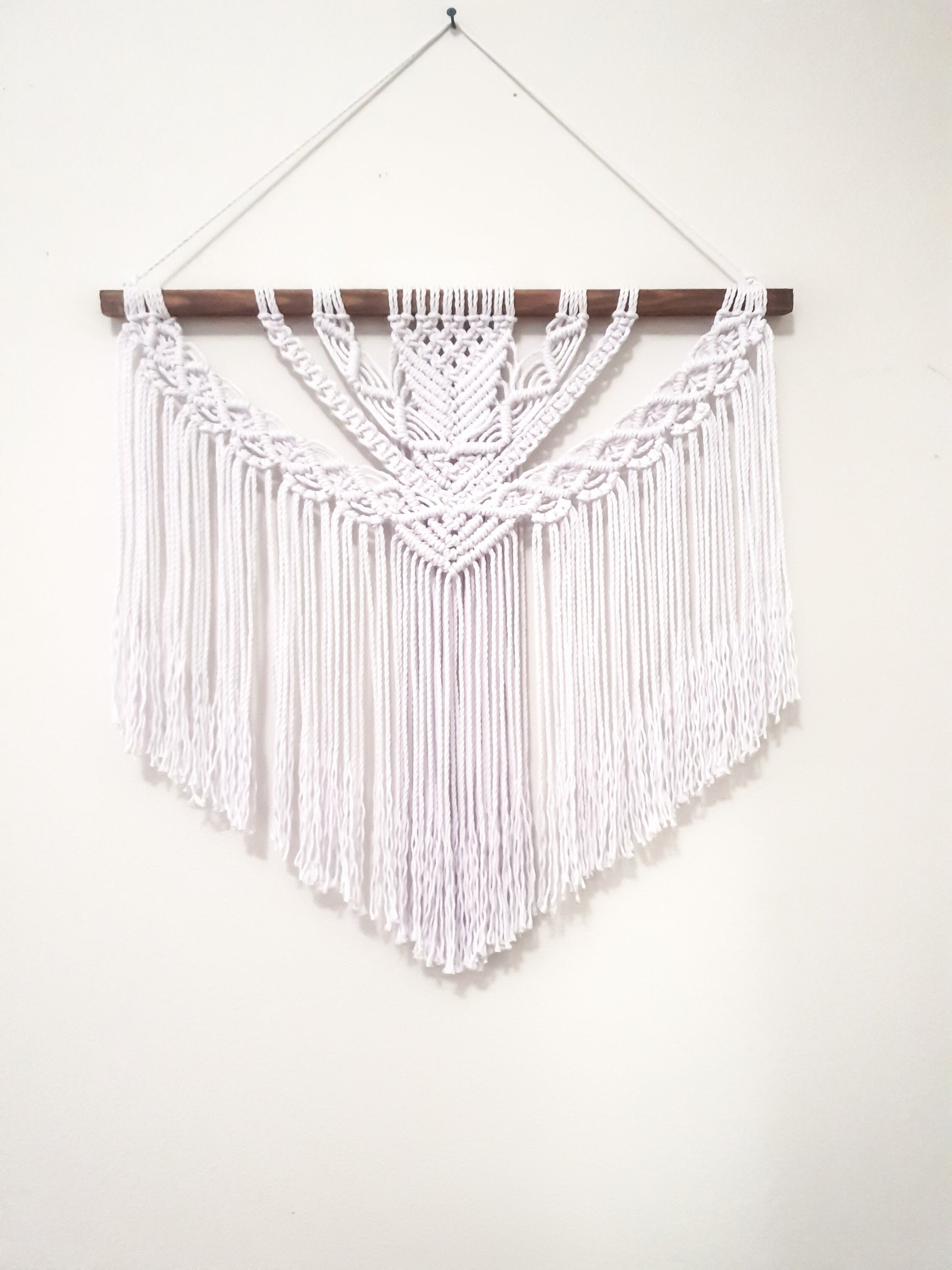 Large Pure White Macrame Wall Hanging on a Dark Stained Wood Stick