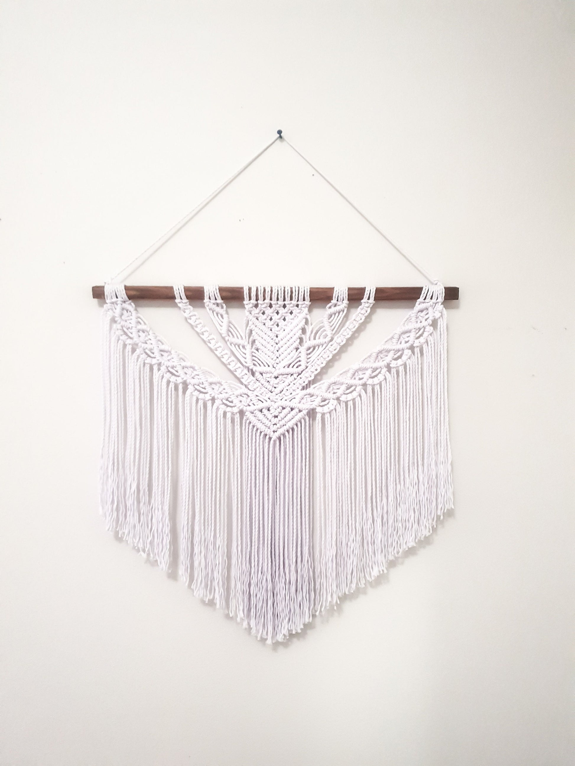 Large Pure White Macrame Wall Hanging on a Dark Stained Wood Stick