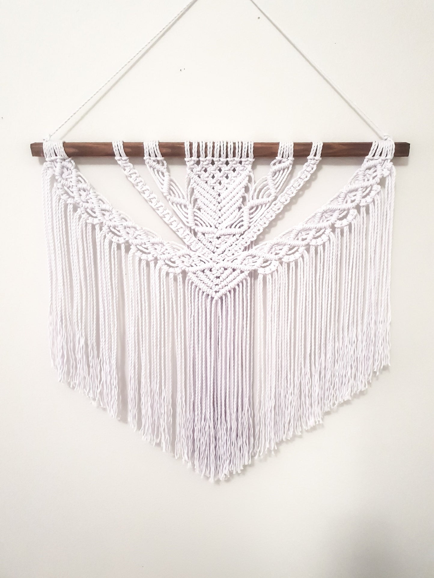 Large Pure White Macrame Wall Hanging on a Dark Stained Wood Stick