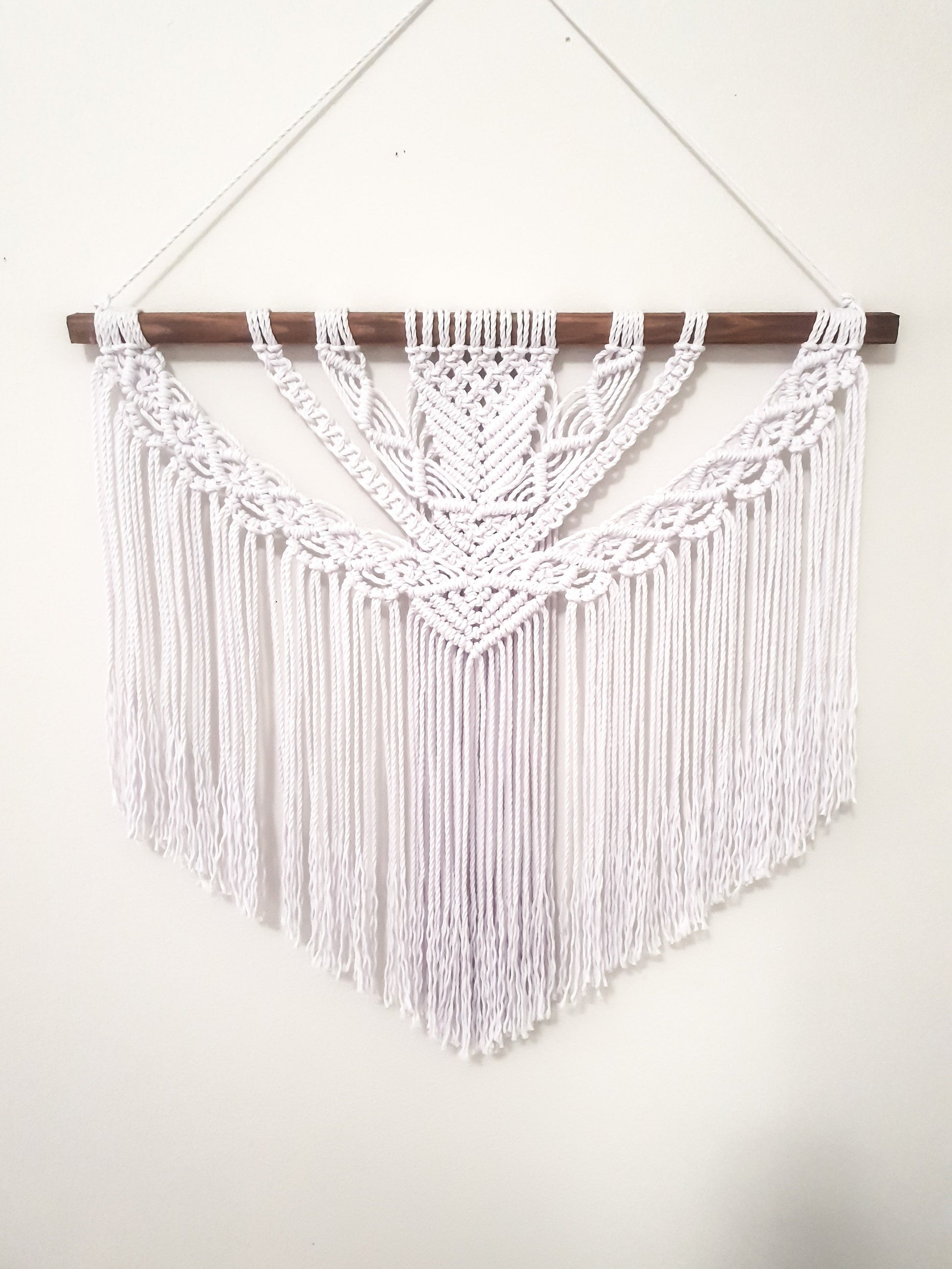 Large Pure White Macrame Wall Hanging on a Dark Stained Wood Stick