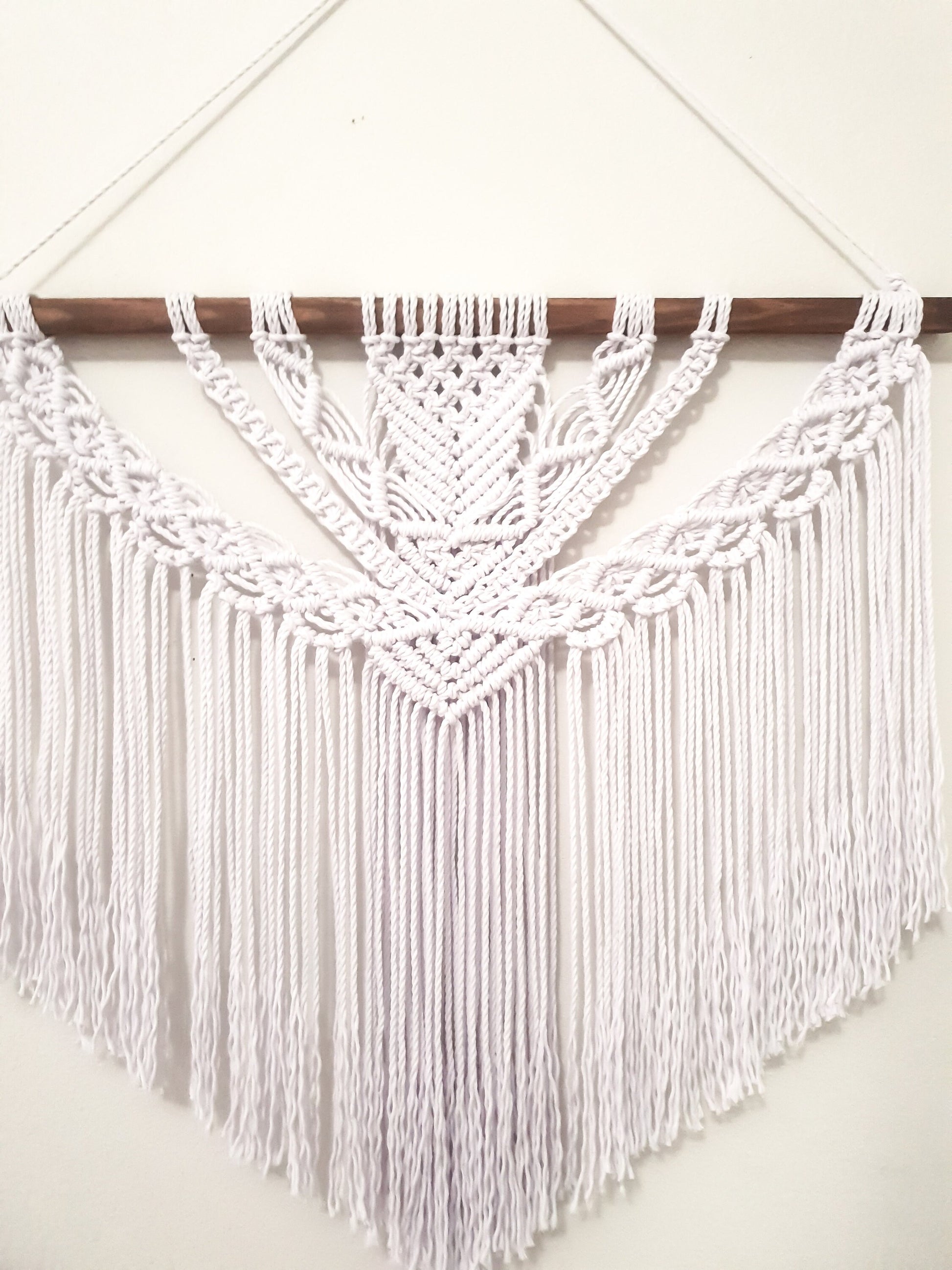 Large Pure White Macrame Wall Hanging on a Dark Stained Wood Stick
