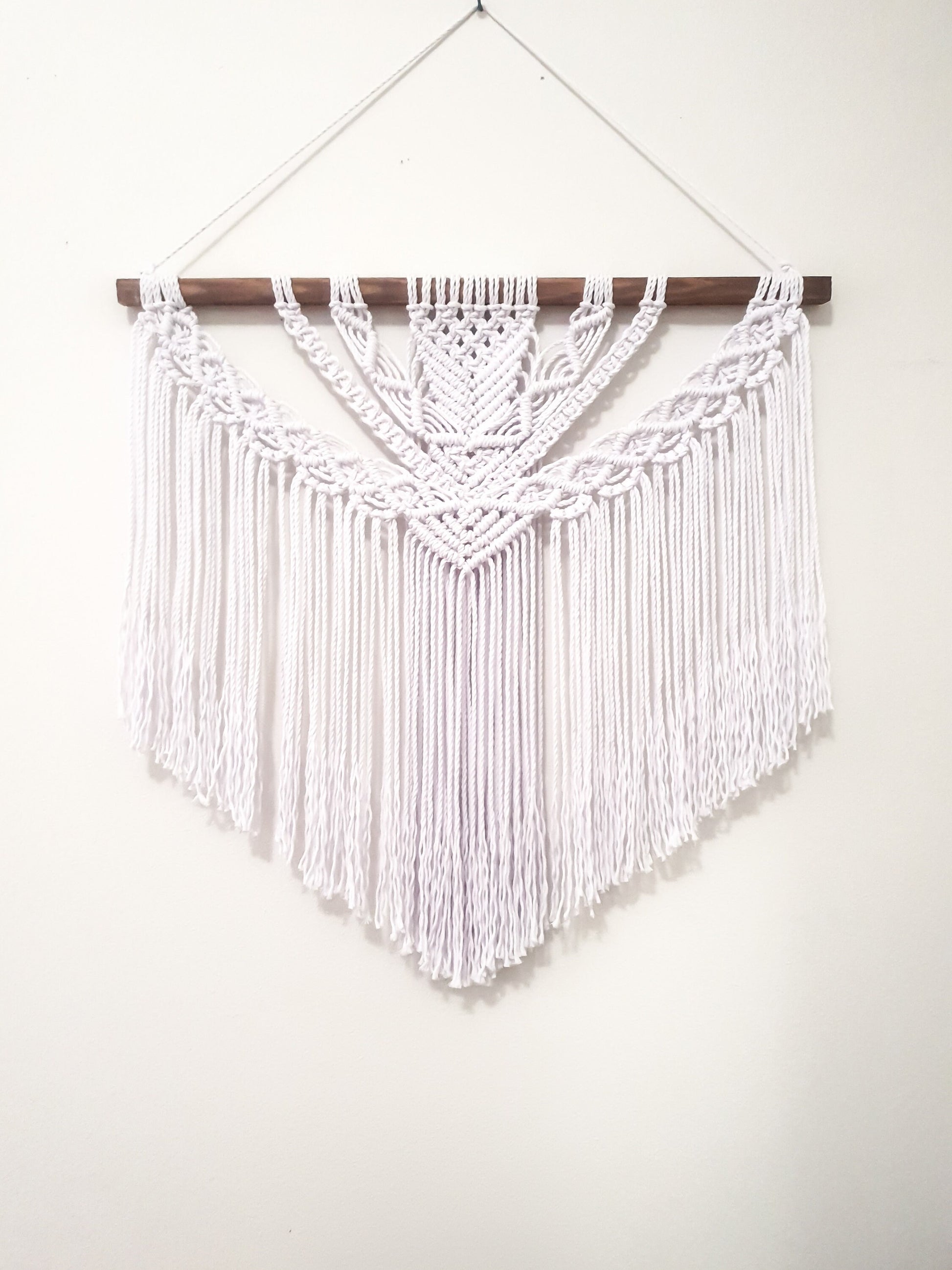 Large Pure White Macrame Wall Hanging on a Dark Stained Wood Stick