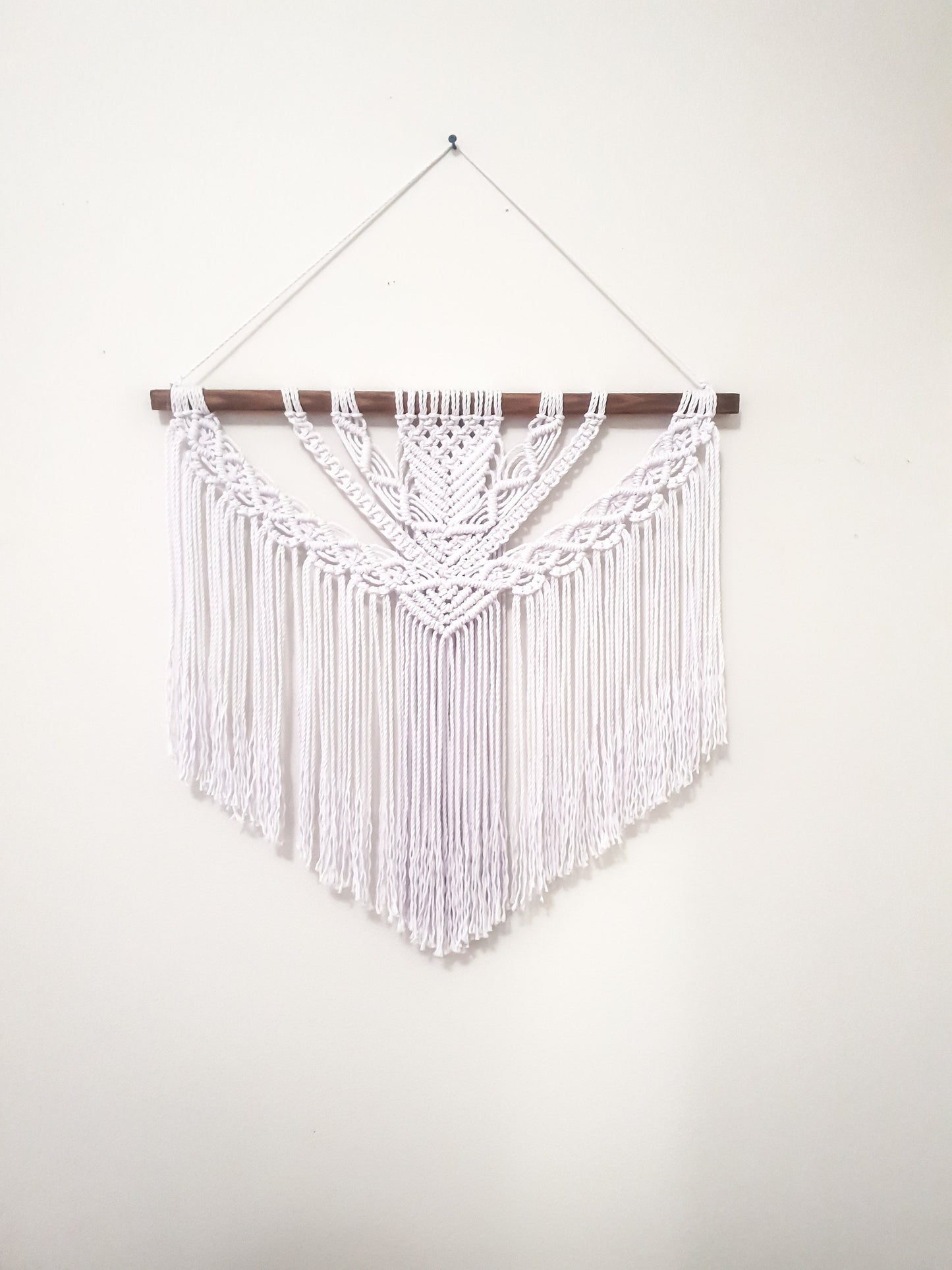 Large Pure White Macrame Wall Hanging on a Dark Stained Wood Stick