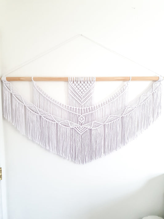 Handmade White Macrame Wall Hanging Five Size Options from 1 Foot Wide to 5 Feet Wide