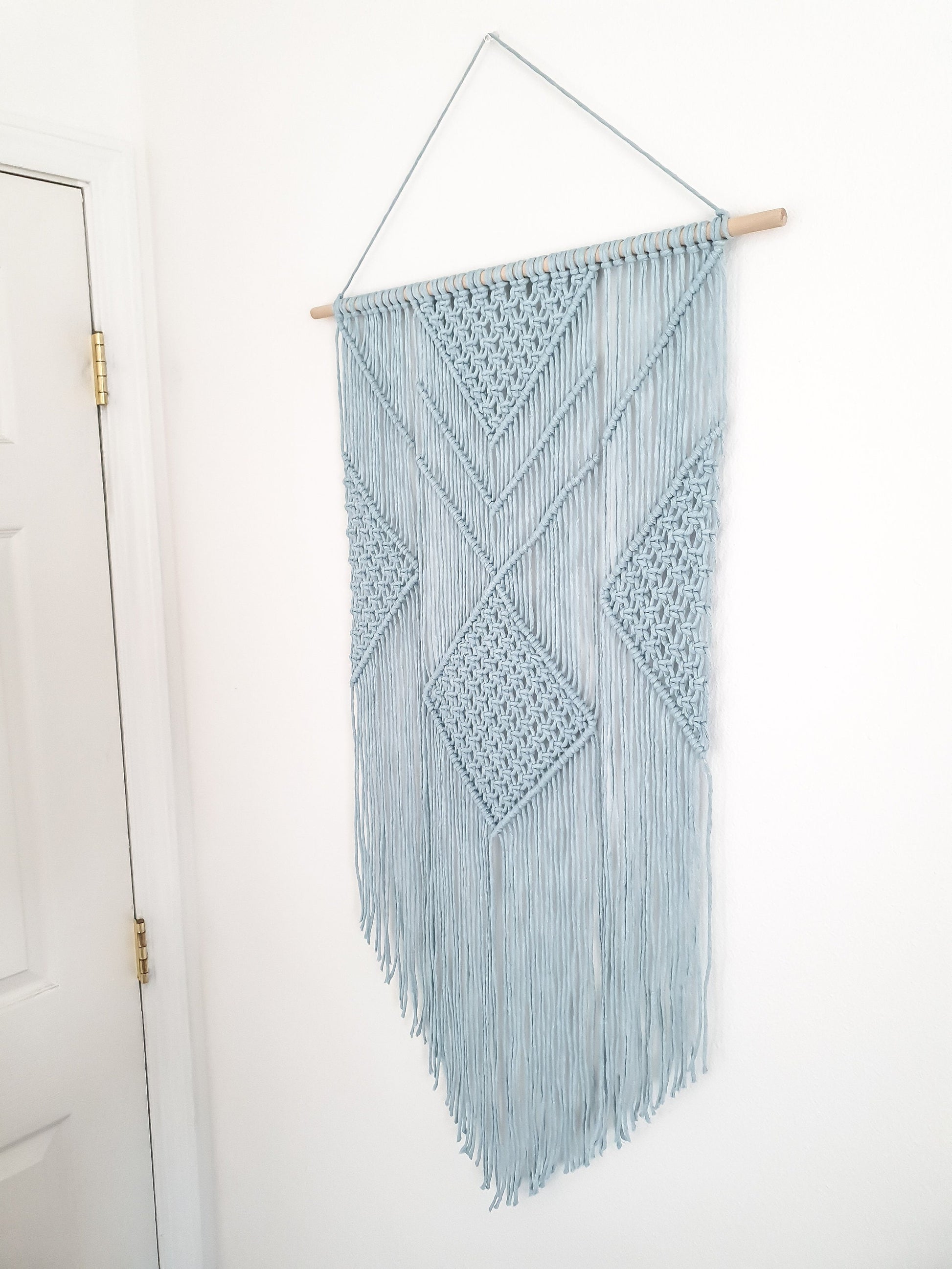Macrame Wall Hanging Light Blue - 3 Foot Length, Cotton Rope, Boho Chic Farmhouse Decor for Bedroom, Dorm Room, Living Room / Hand Made