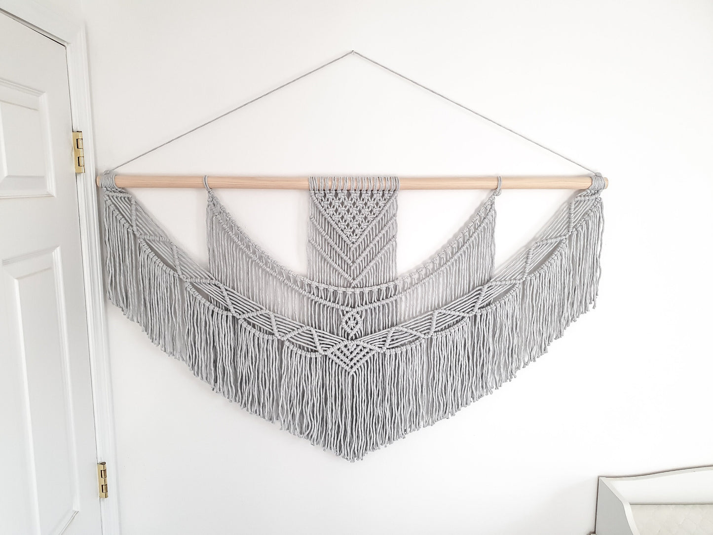 Handmade Light Gray Macrame Wall Hanging, 5 Size Options from 1 Foot Wide to 5 Feet Wide