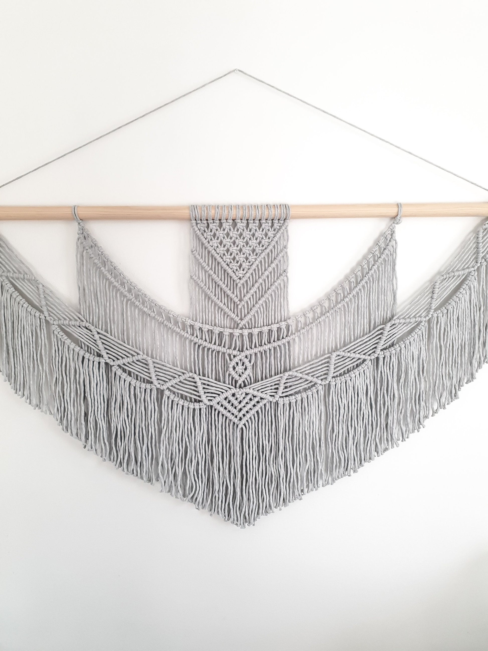 Handmade Light Gray Macrame Wall Hanging, 5 Size Options from 1 Foot Wide to 5 Feet Wide