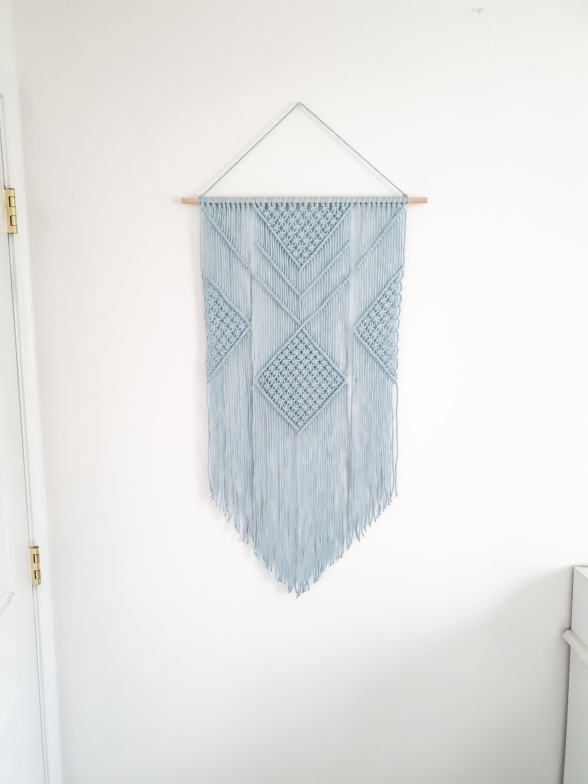 Macrame Wall Hanging Light Blue - 3 Foot Length, Cotton Rope, Boho Chic Farmhouse Decor for Bedroom, Dorm Room, Living Room / Hand Made