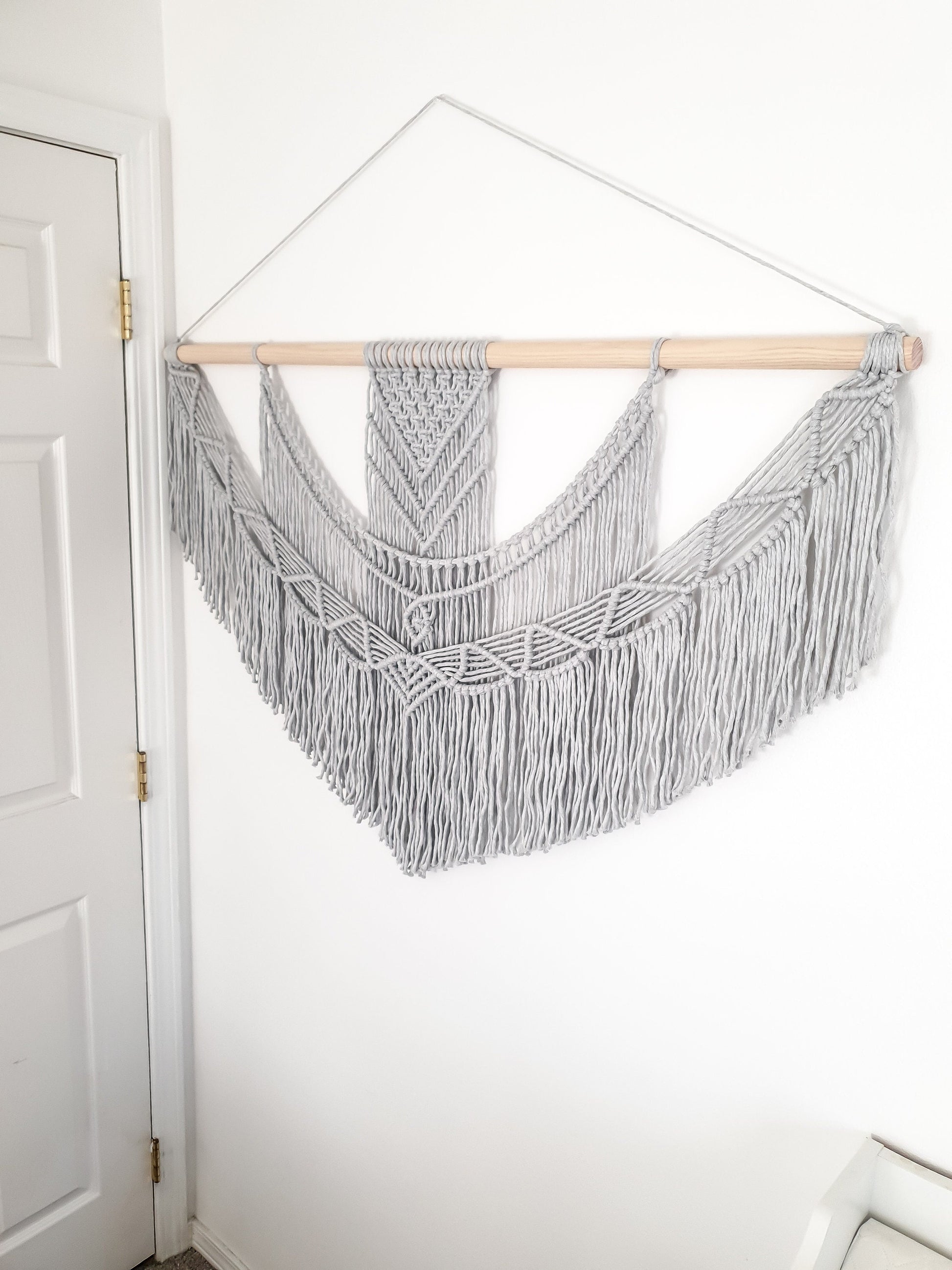 Handmade Light Gray Macrame Wall Hanging, 5 Size Options from 1 Foot Wide to 5 Feet Wide