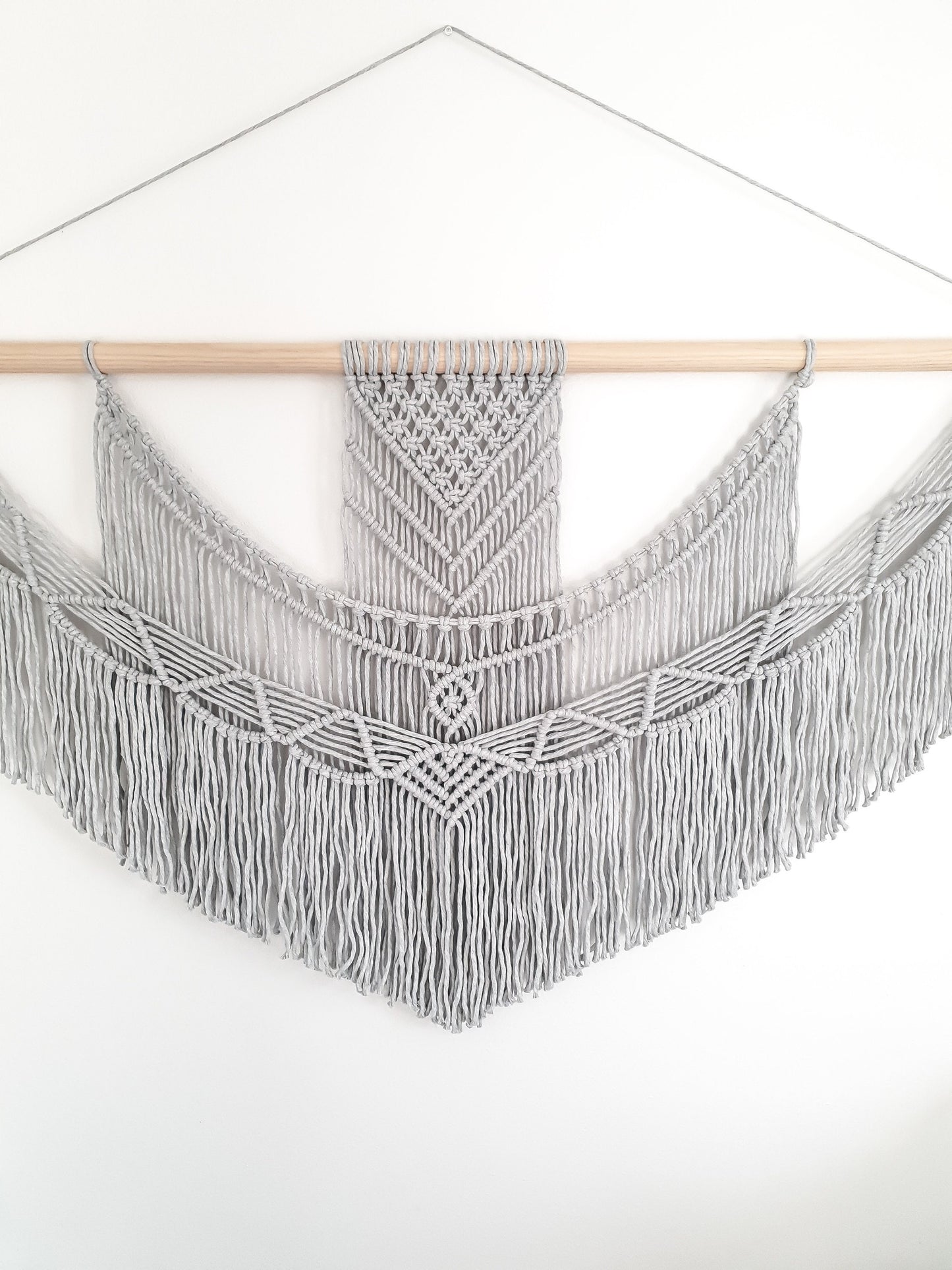 Handmade Light Gray Macrame Wall Hanging, 5 Size Options from 1 Foot Wide to 5 Feet Wide
