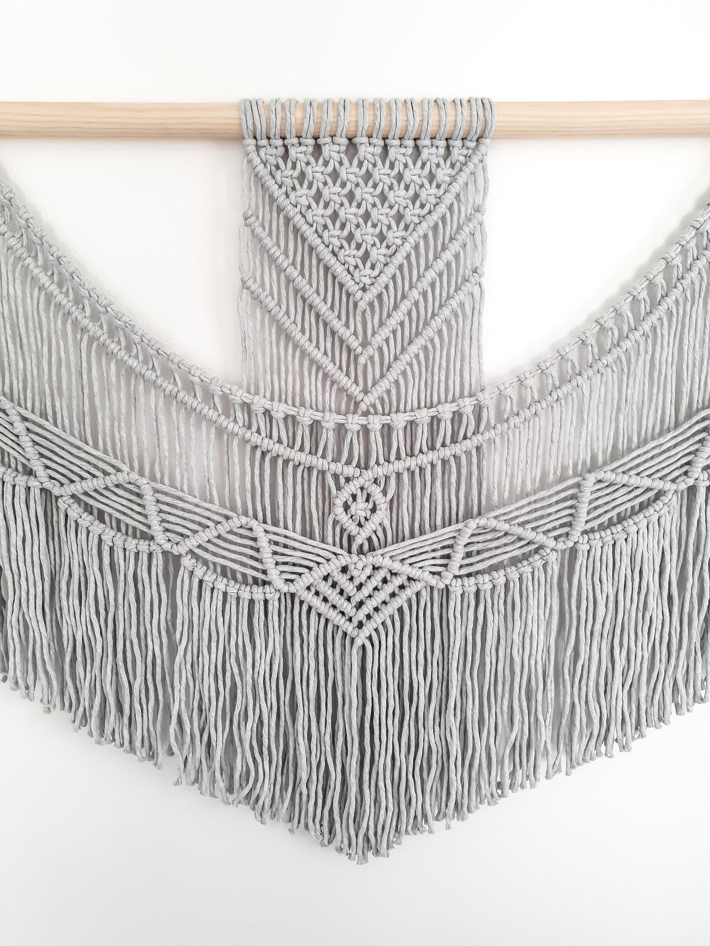 Handmade Light Gray Macrame Wall Hanging, 5 Size Options from 1 Foot Wide to 5 Feet Wide