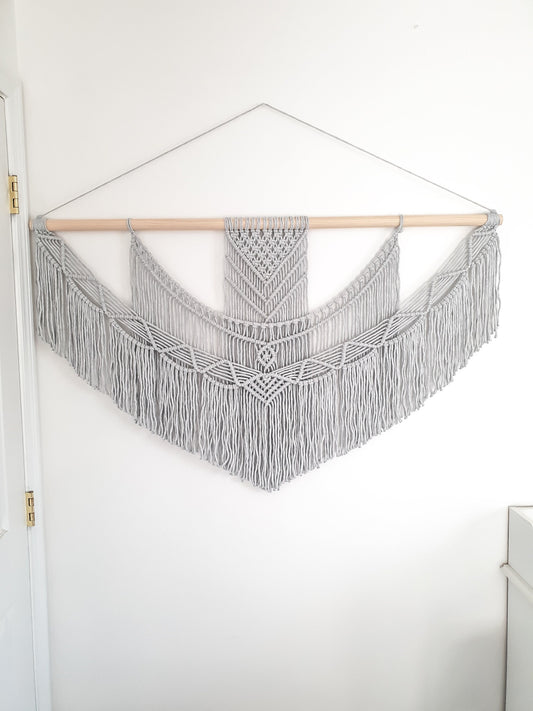 Handmade Light Gray Macrame Wall Hanging, 5 Size Options from 1 Foot Wide to 5 Feet Wide