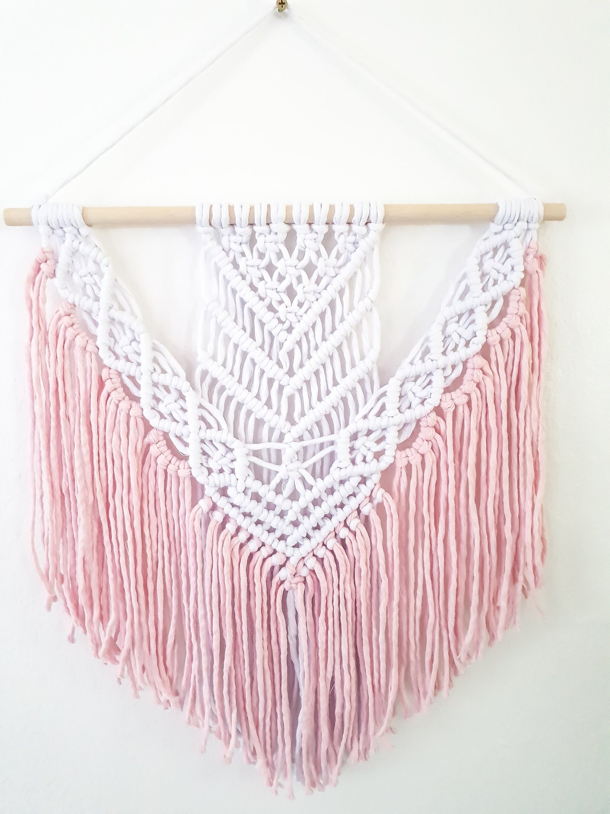 Handmade Pink and White Macrame Wall Hanging, Two Options: Cotton Rope and Yarn