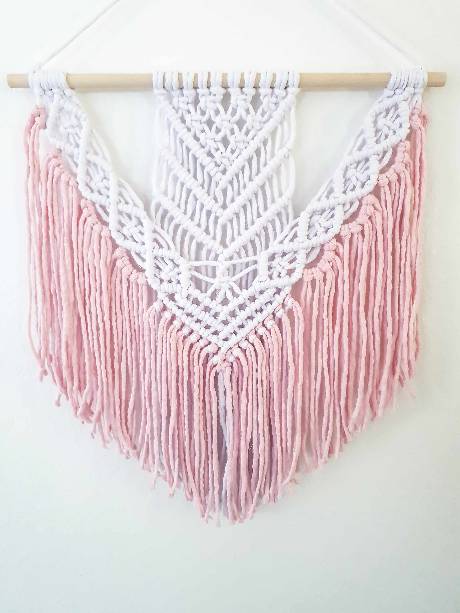 Handmade Pink and White Macrame Wall Hanging, Two Options: Cotton Rope and Yarn