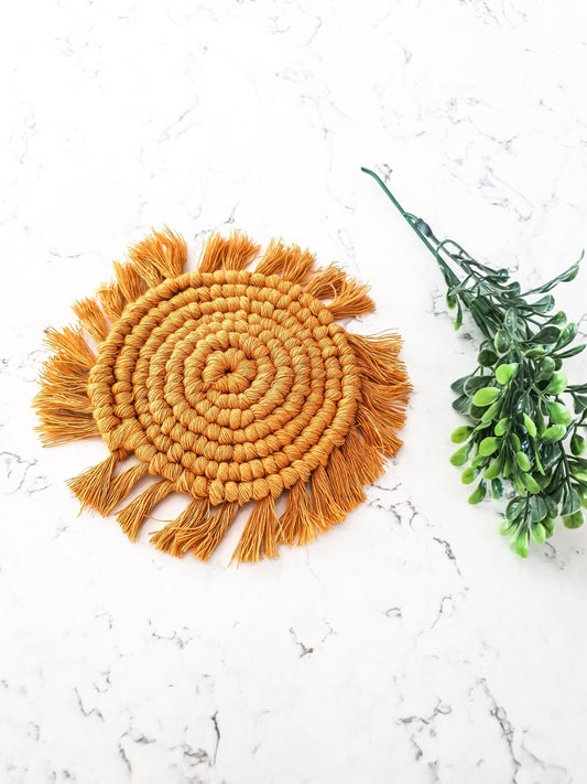 Macrame Coaster, Mustard Yellow Coaster, Boho Coaster, Boho Kitchen Accessories