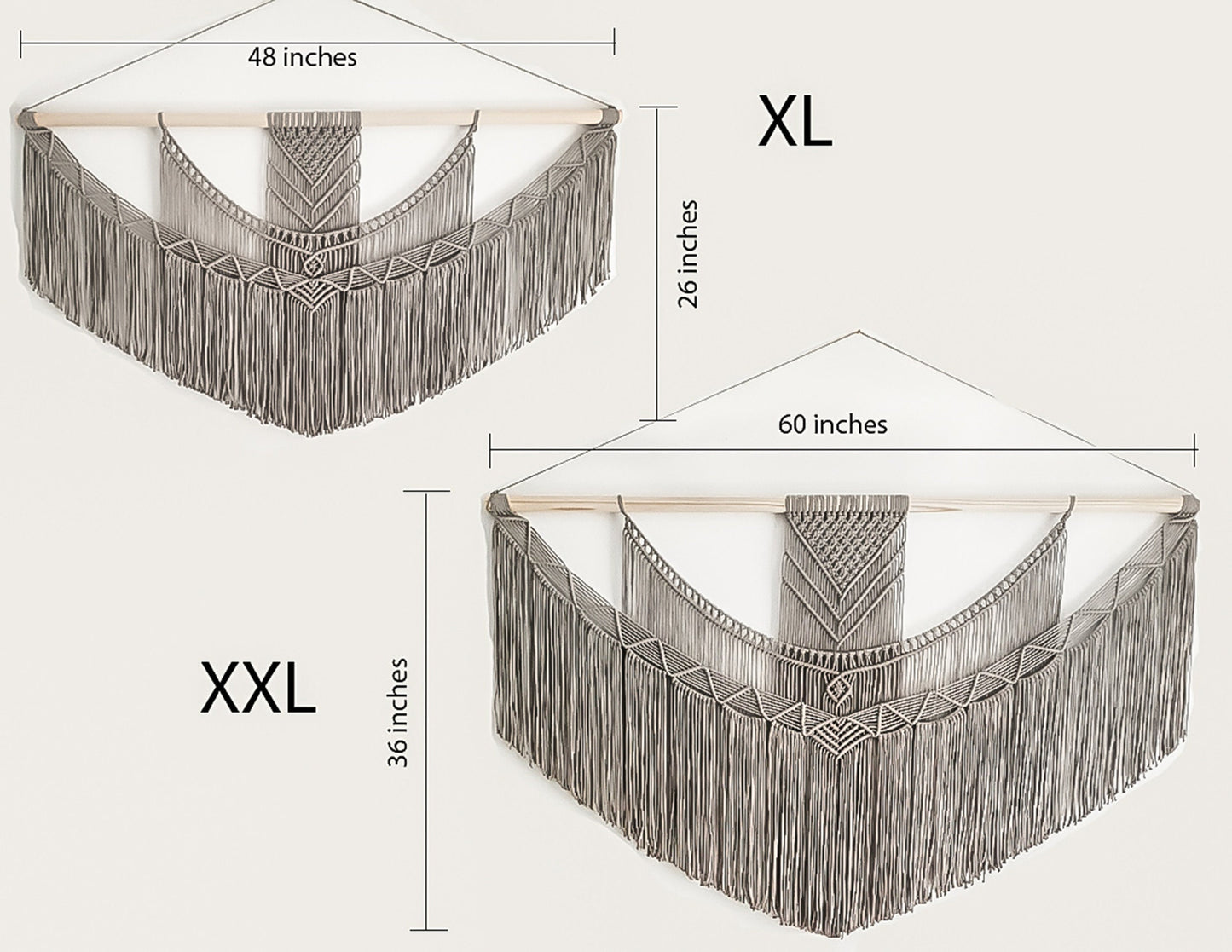 Handmade Light Gray Macrame Wall Hanging, 5 Size Options from 1 Foot Wide to 5 Feet Wide
